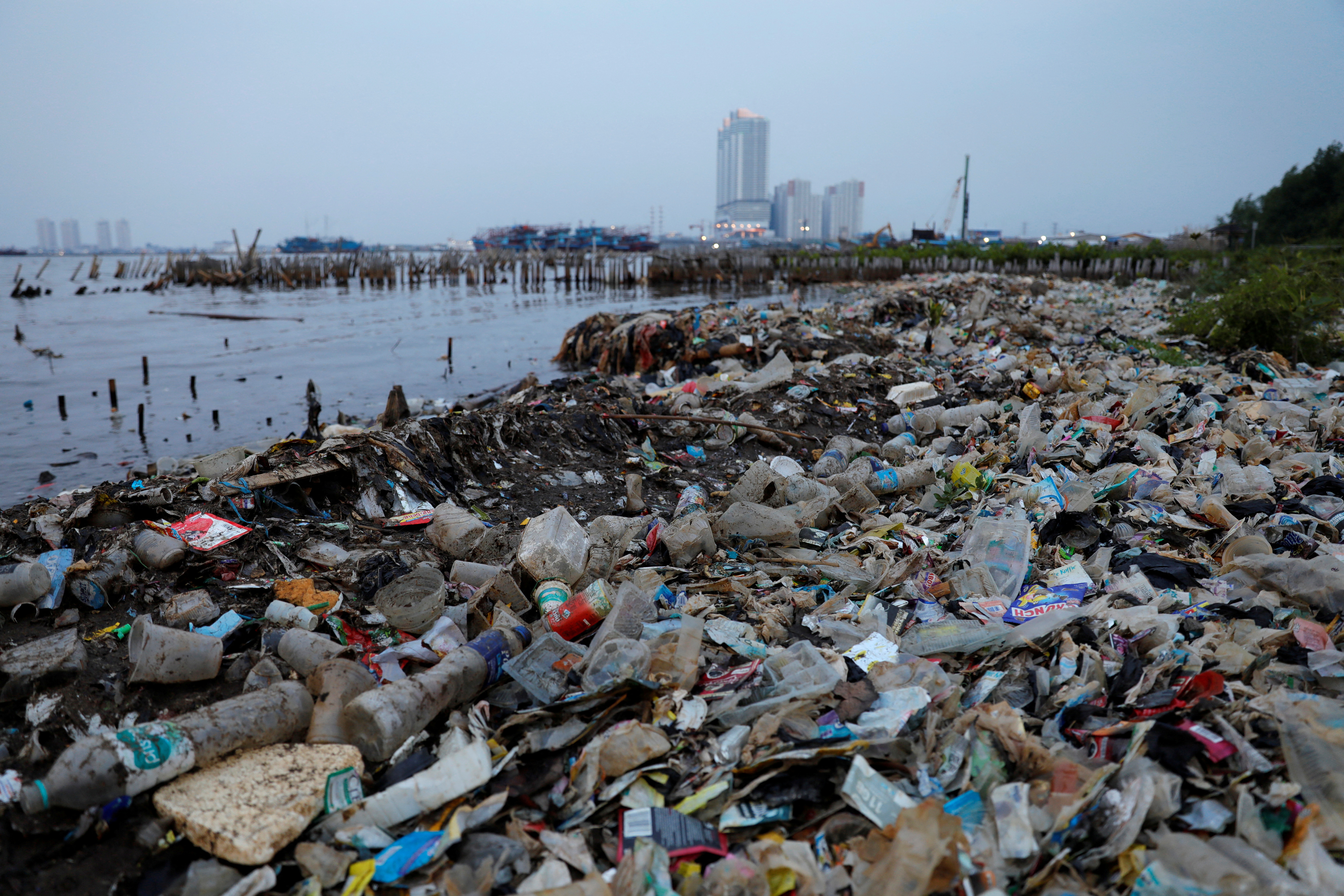 Rubbish, most of which is plastics, is seen along a shoreline in Jakarta