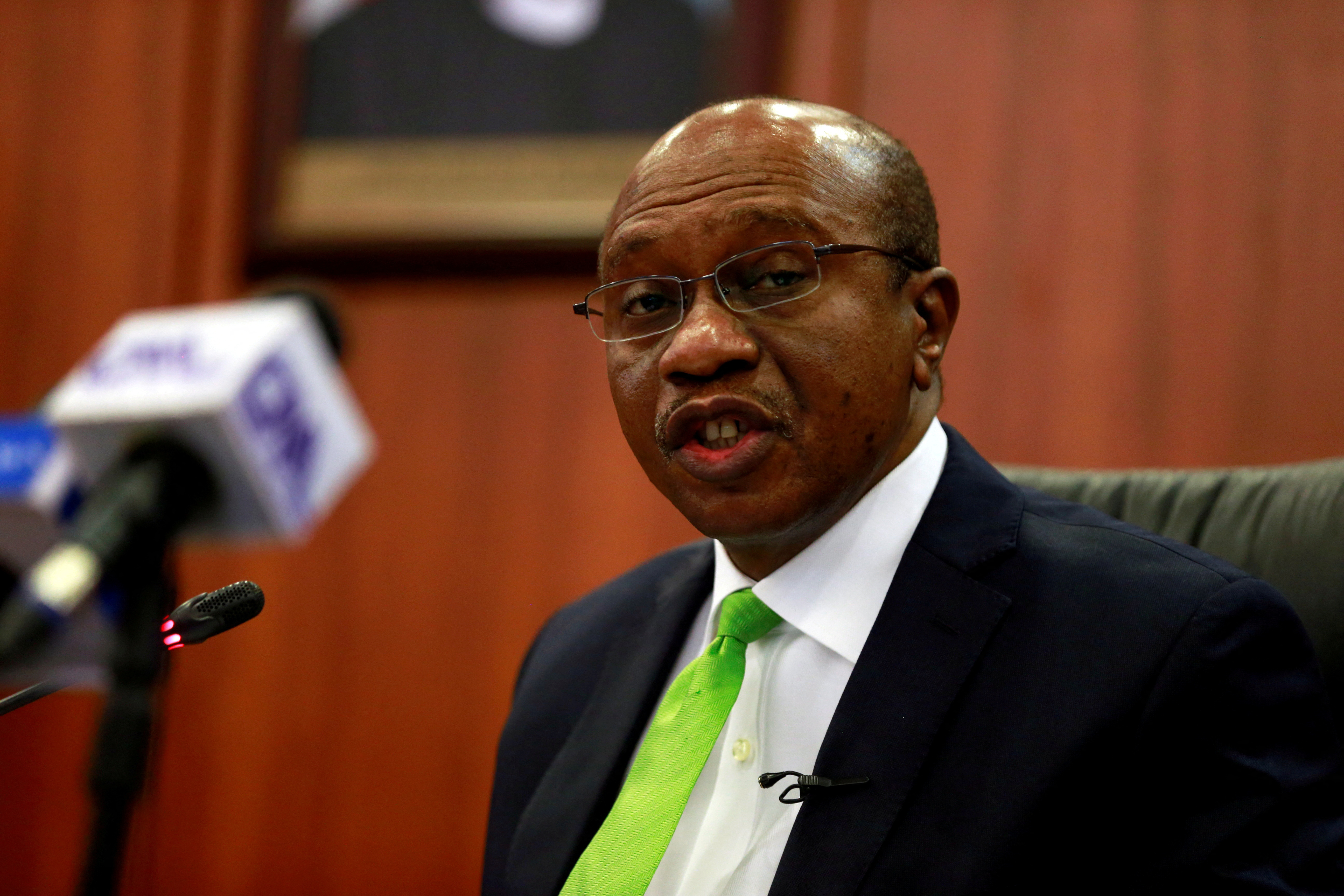 FILE PHOTO: Nigeria's Central Bank Governor Godwin Emefiele briefis the media during the MPC meeting in Abuja