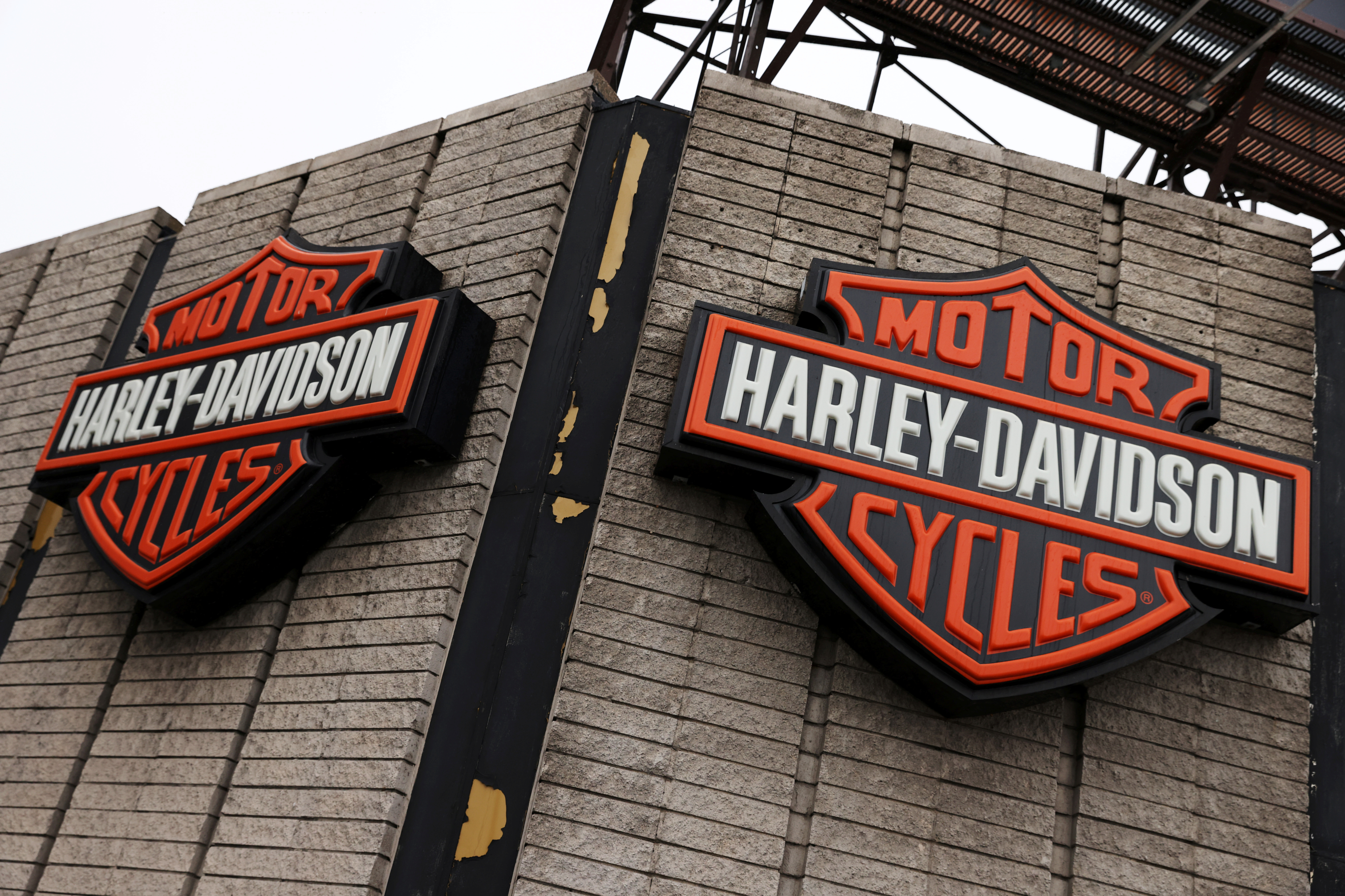 The logo of Harley-Davidson motorcycles is seen at a dealership in Queens, New York City