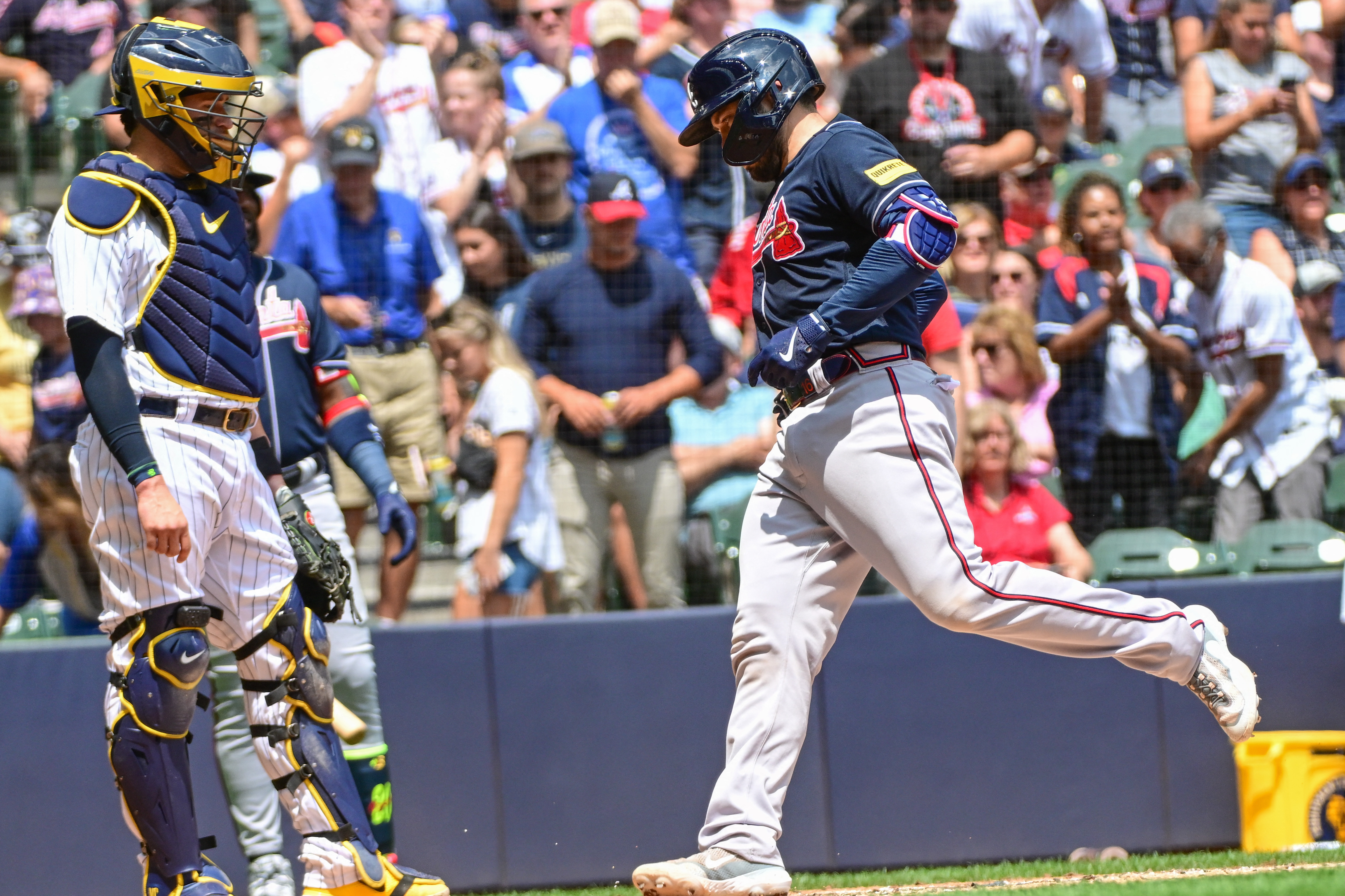 Milwaukee, United States Of America. 23rd July, 2023. July 23, 2023:  Atlanta Braves second baseman Ozzie Albies (1) turns a double play during  the game between the Milwaukee Brewers and the Atlanta