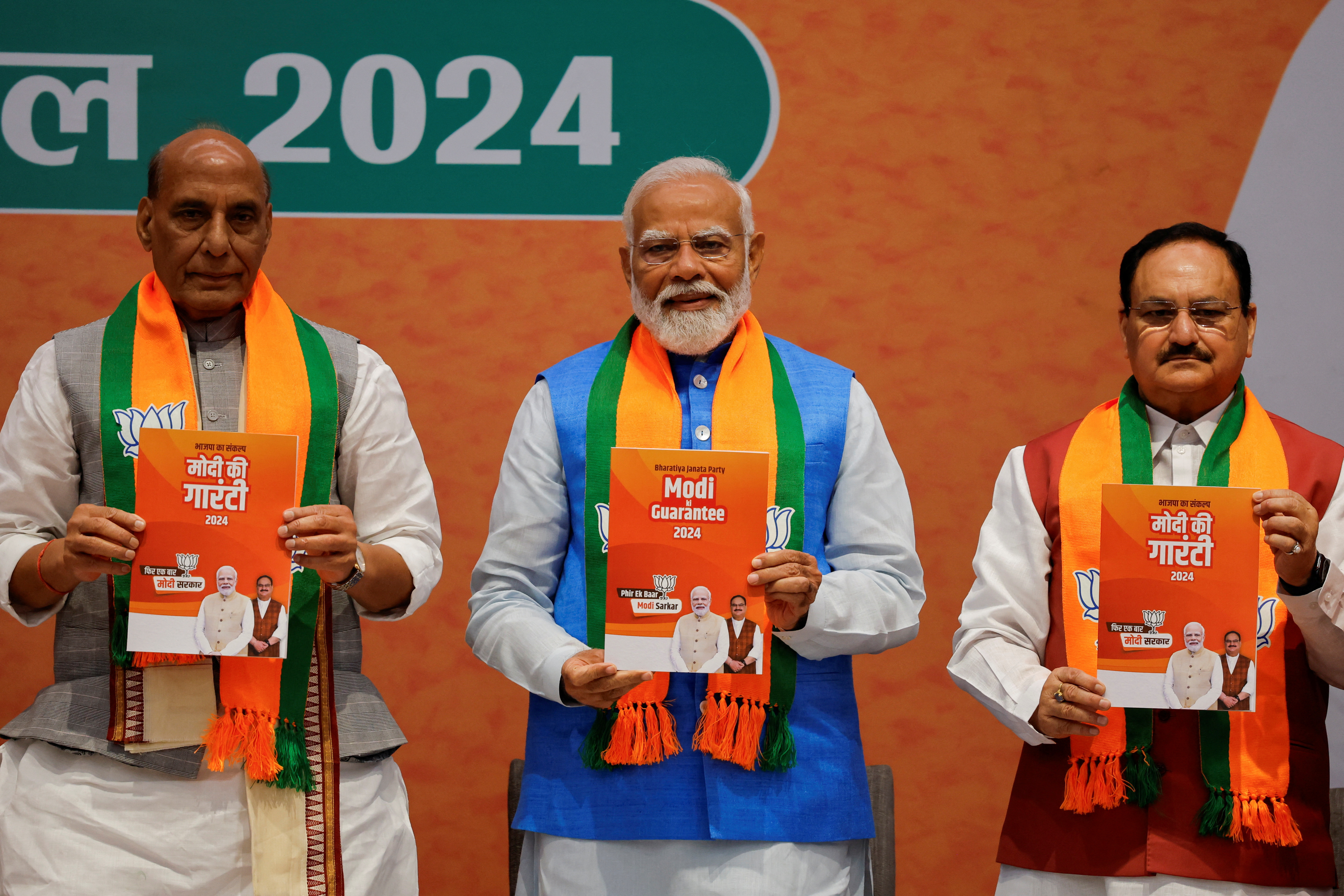 Indian PM Modi presents BJP election manifesto, in New Delhi