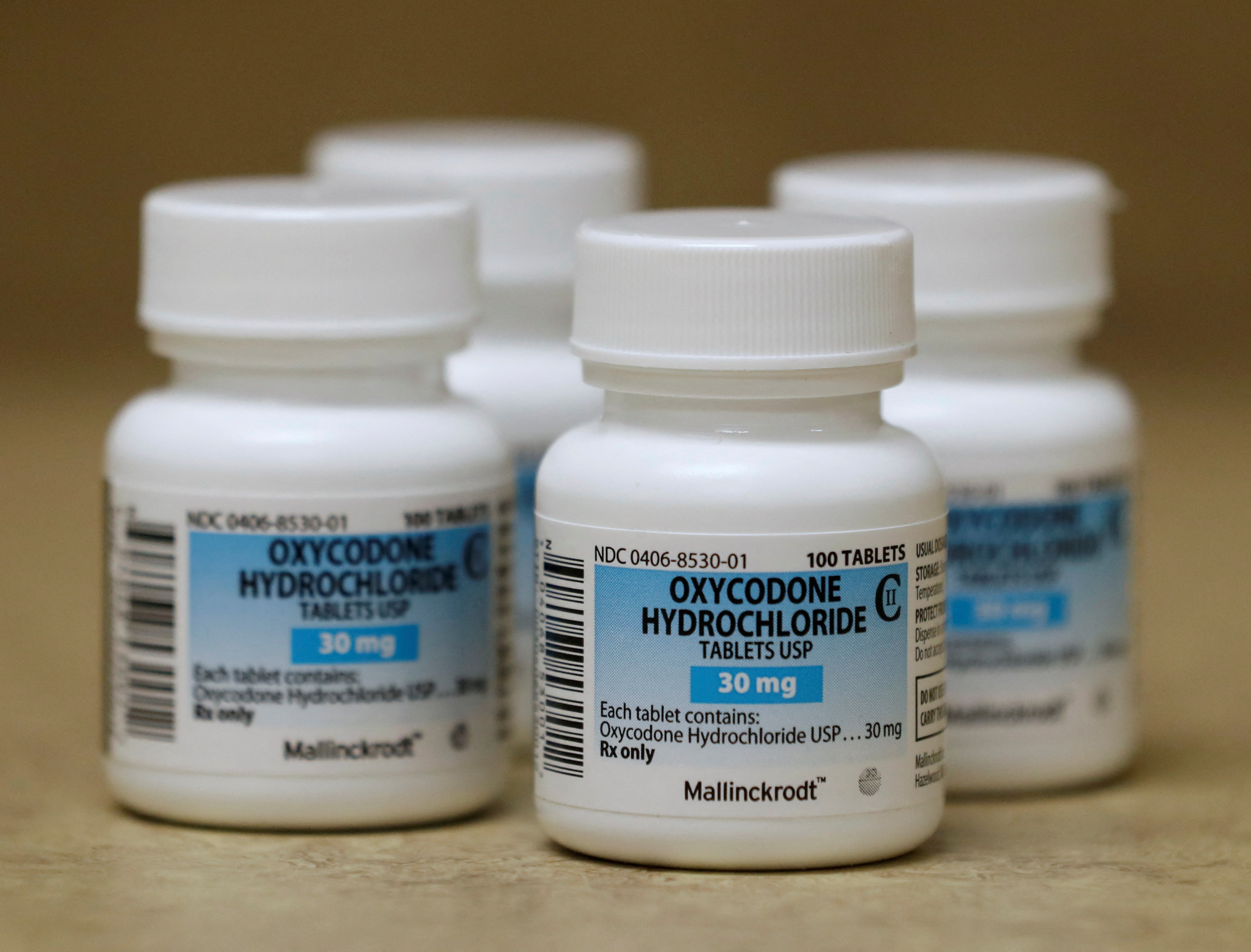 Bottles of prescription painkillers Oxycodone Hydrochloride, 30mg pills, made by Mallinckrodt