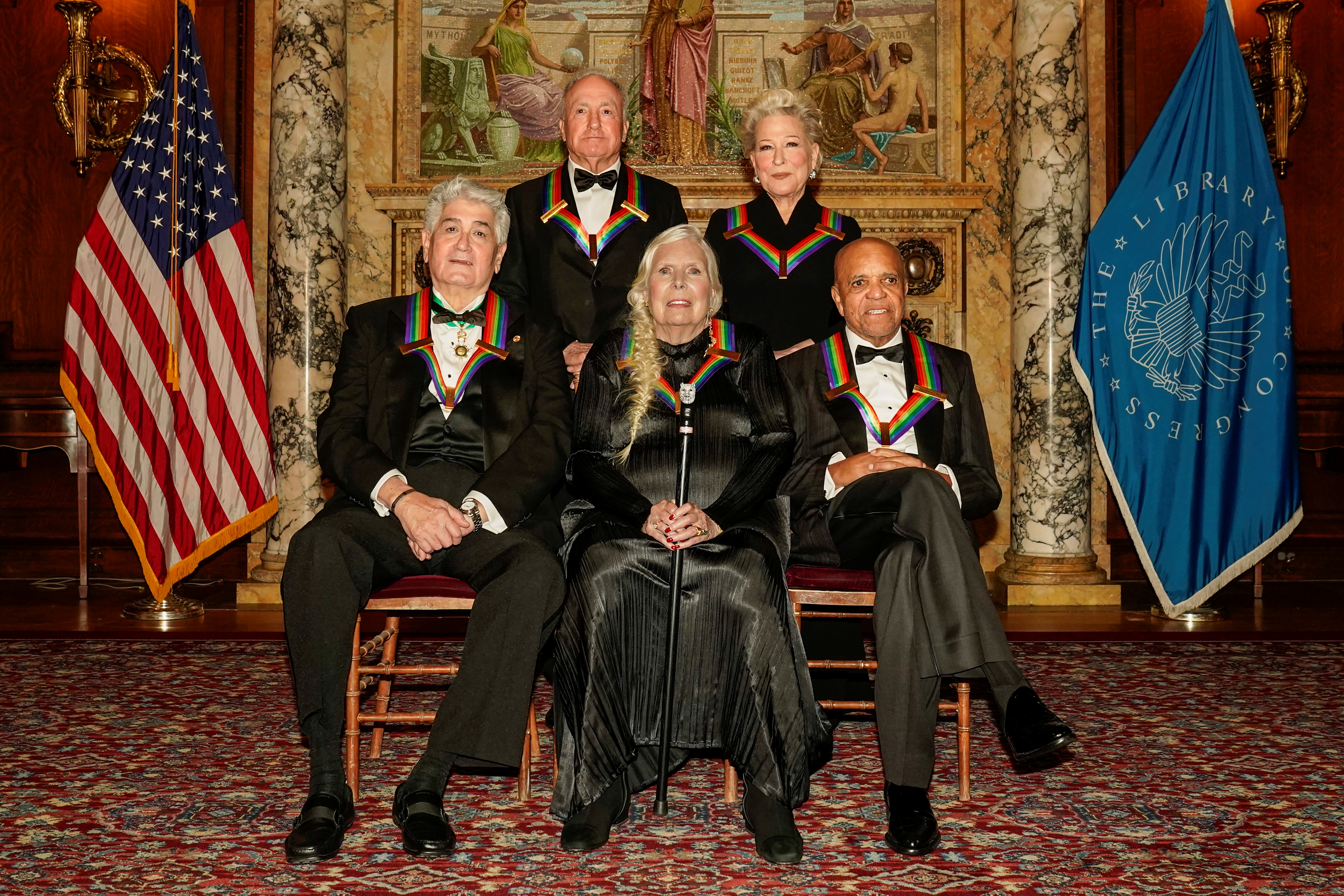 Kennedy Center Honorees, operatic bass-baritone Justino Diaz, Saturday Night Live creator Lorne Michaels, singer-songwriter Joni Mitchell, actress and singer-songwriter Bette Midler, and Motown founder, songwriter, producer, and director Berry Gordy, pose for the 44th Kennedy Center Honors class photo following the Medallion Ceremony at the Library of Congress in Washington, D.C., U.S. December 4, 2021. REUTERS/Ken Cedeno