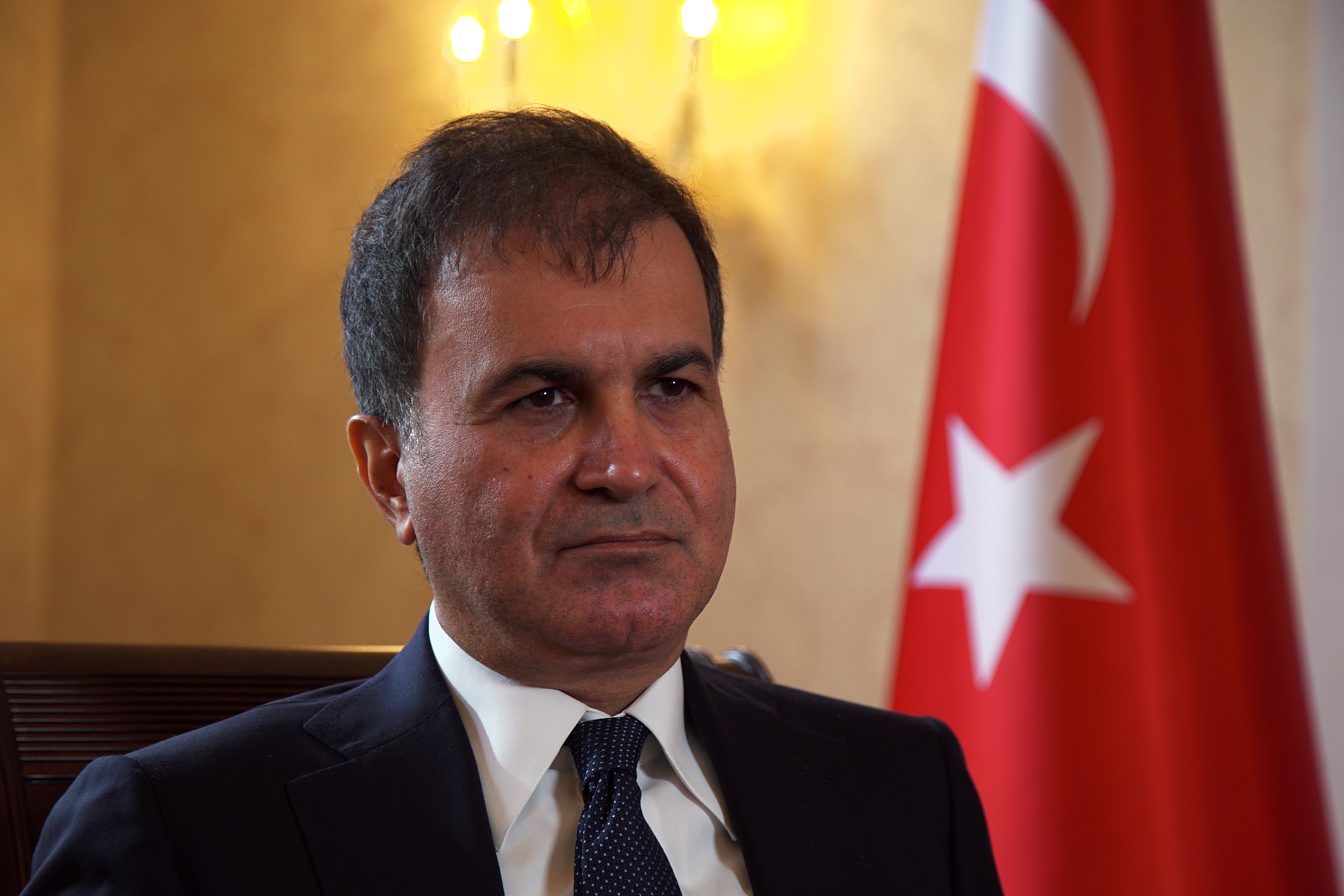 Turkey's European Union Affairs Minister Omer Celik speaks during an interview with Reuters at the Turkish Embassy in London