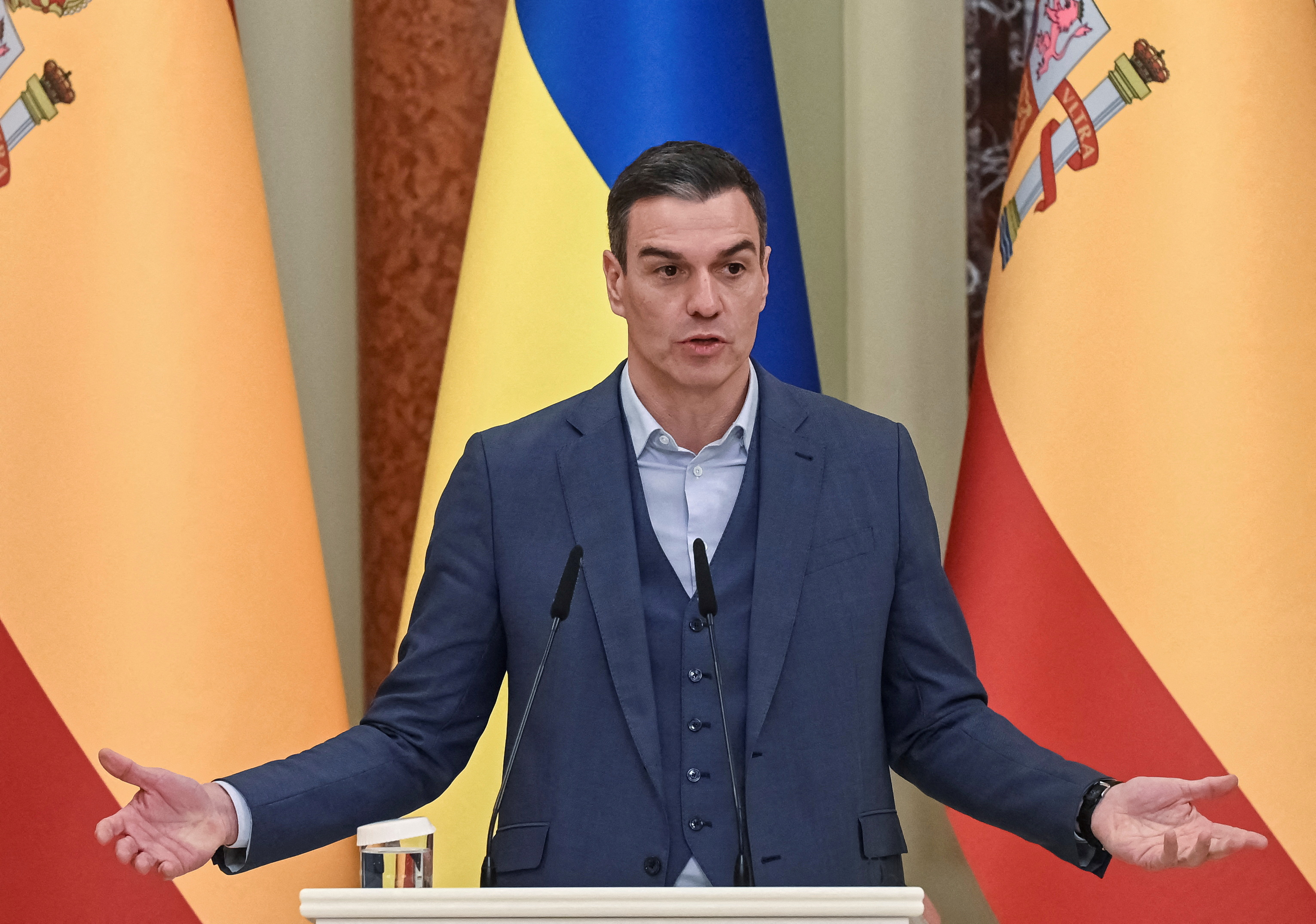 Spain's Prime Minister Pedro Sanchez attends a news briefing in Kyiv, Ukraine
