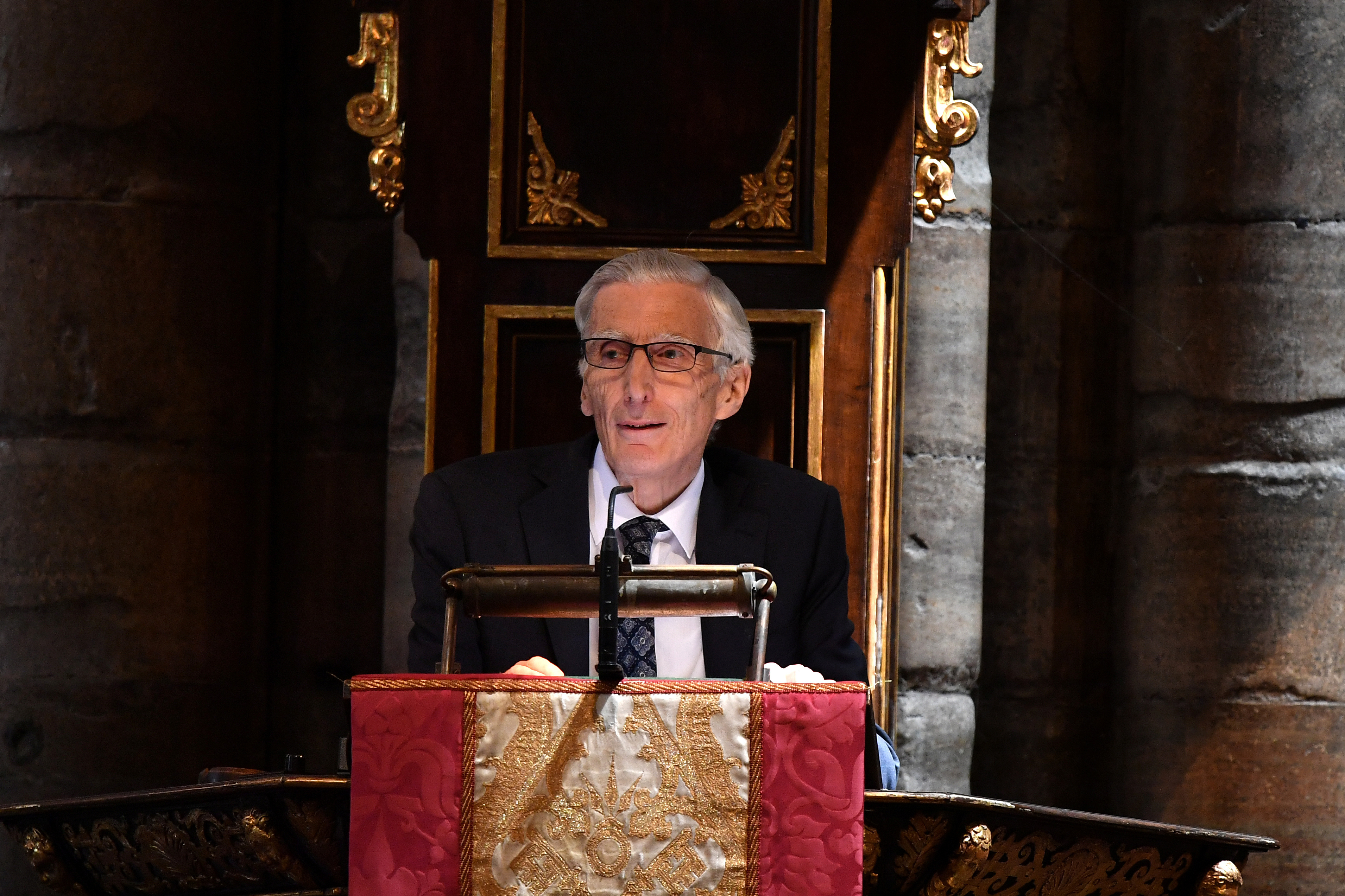 Astronomer Royal Martin Rees speaks at a memorial service for British scientist Stephen Hawking during which his ashes will be buried in the nave of the Abbey church, at Westminster Abbey, in London