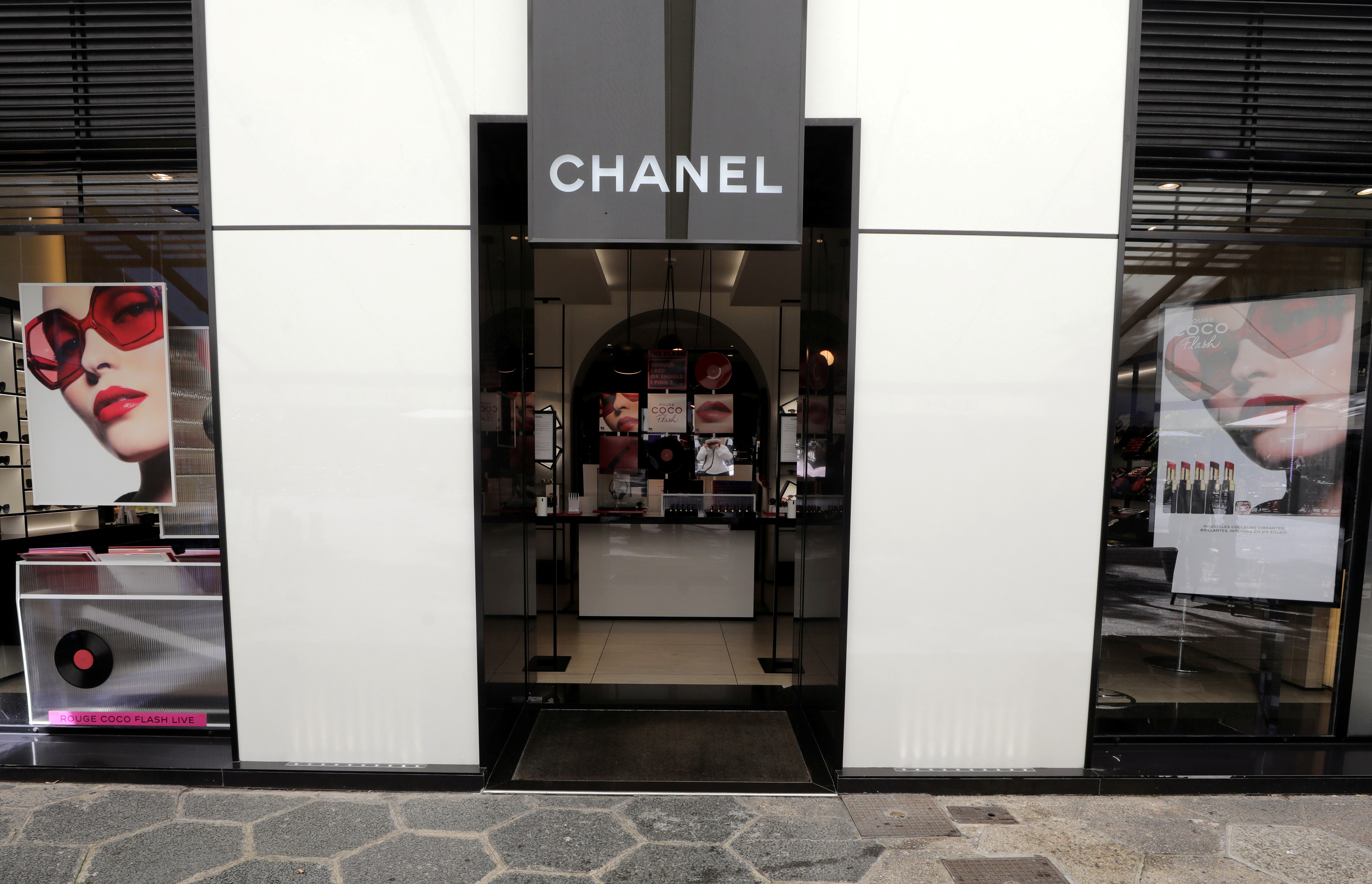 A view shows a Chanel logo on a store of luxury fashion group Chanel in Nice