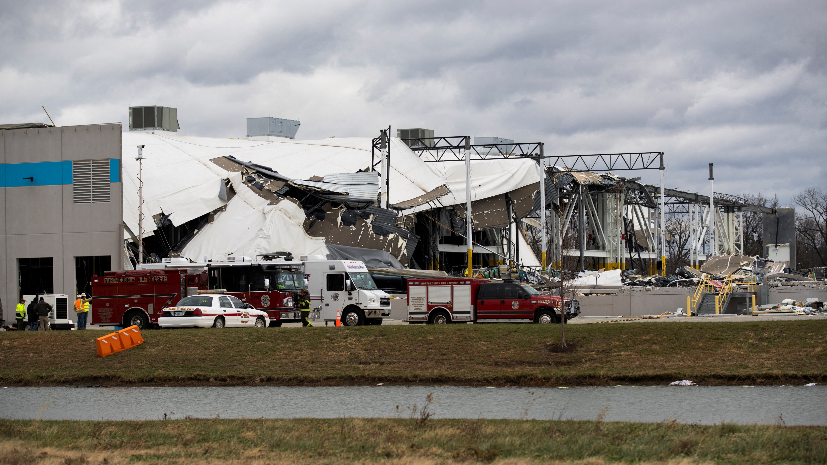 A collapsed roof is seen at an Amazon distribution center after a tornado hits Edwardsville, in Illinois, U.S. December 11, 2021. REUTERS/Lawrence Bryant
