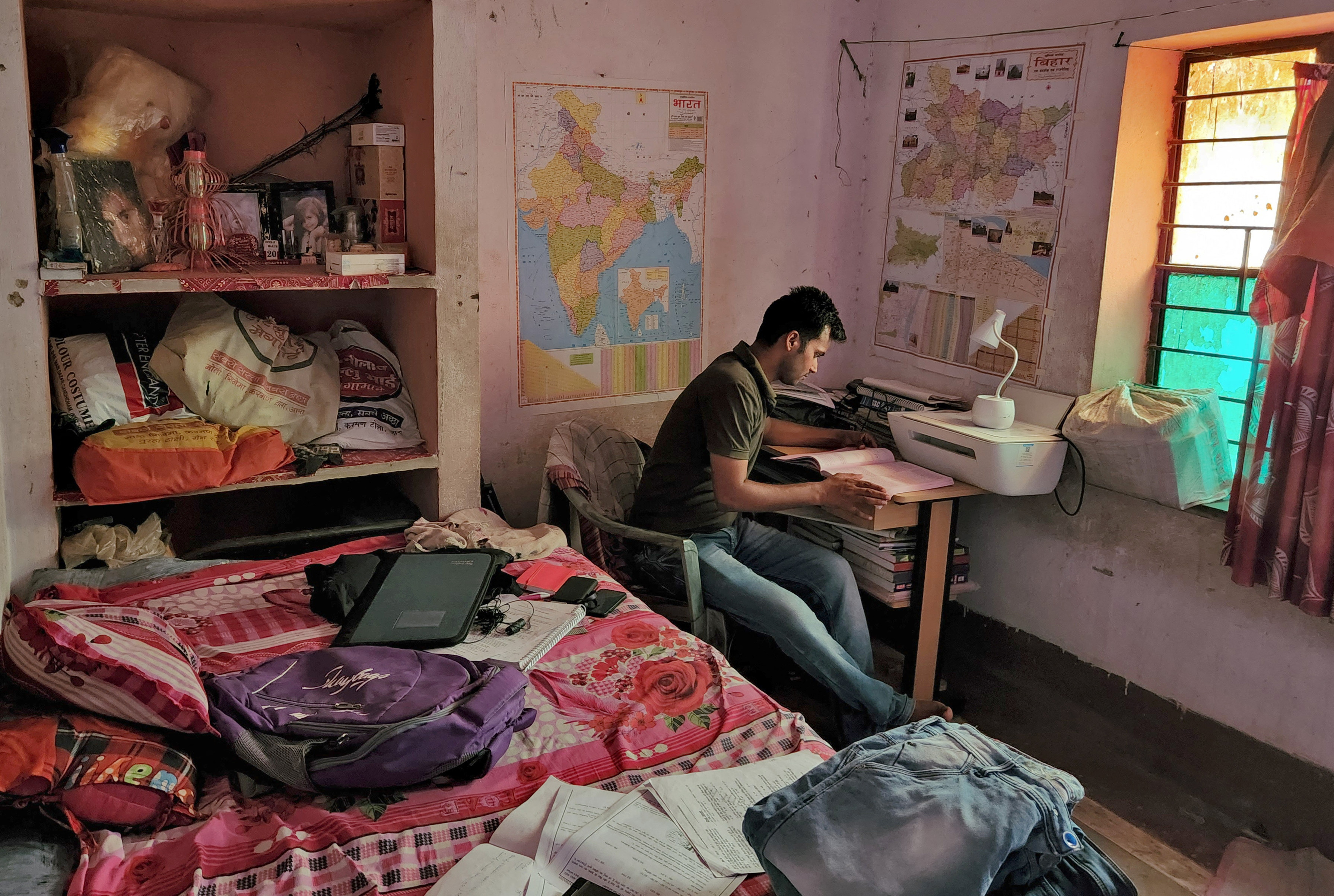 Prem Prakash, a government job aspirant, prepares for a railway job in his rented room in Arrah