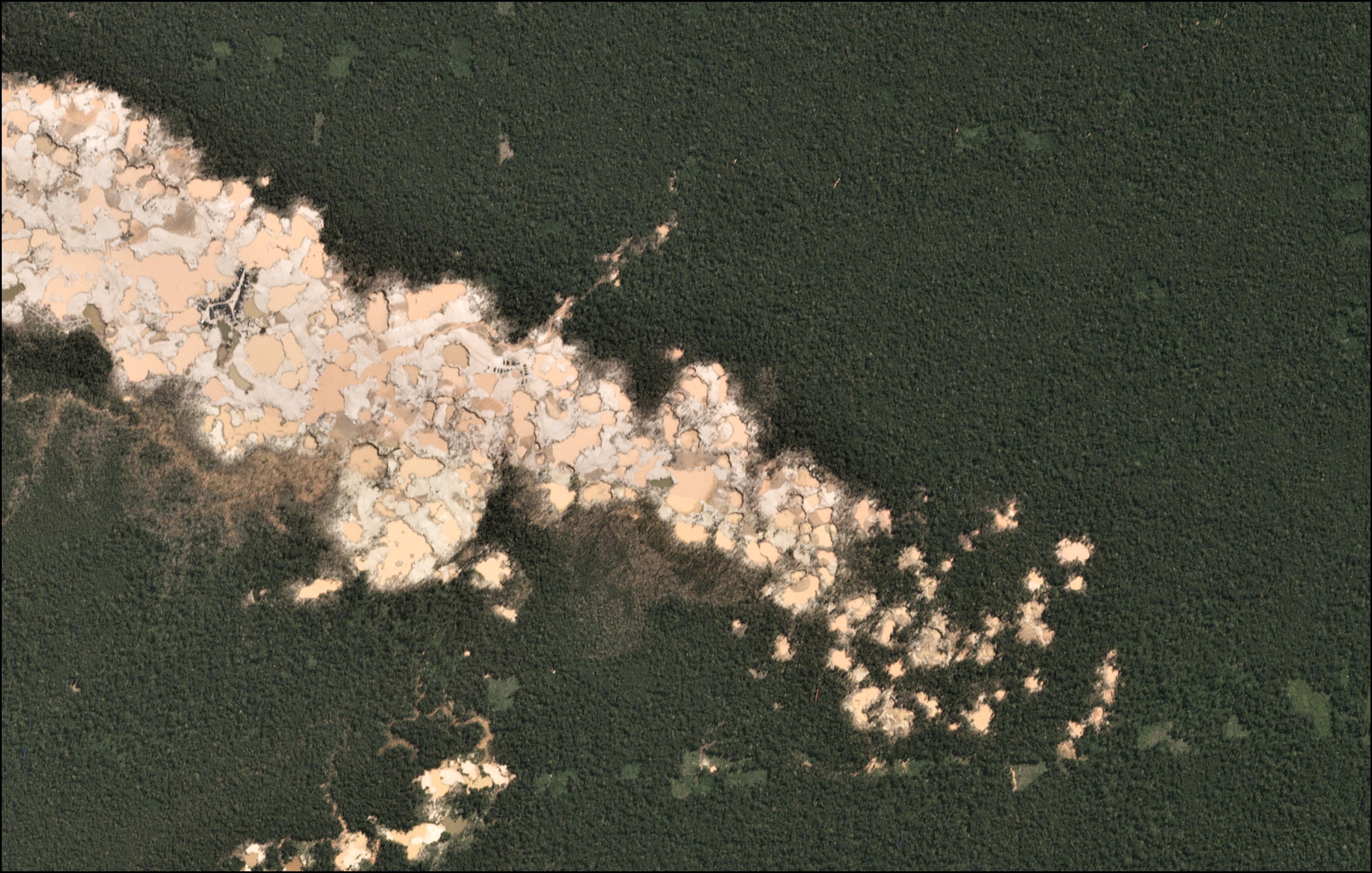 Gold mining deforestation is seen from a satellite image in the southern Amazon region of Madre de Dios
