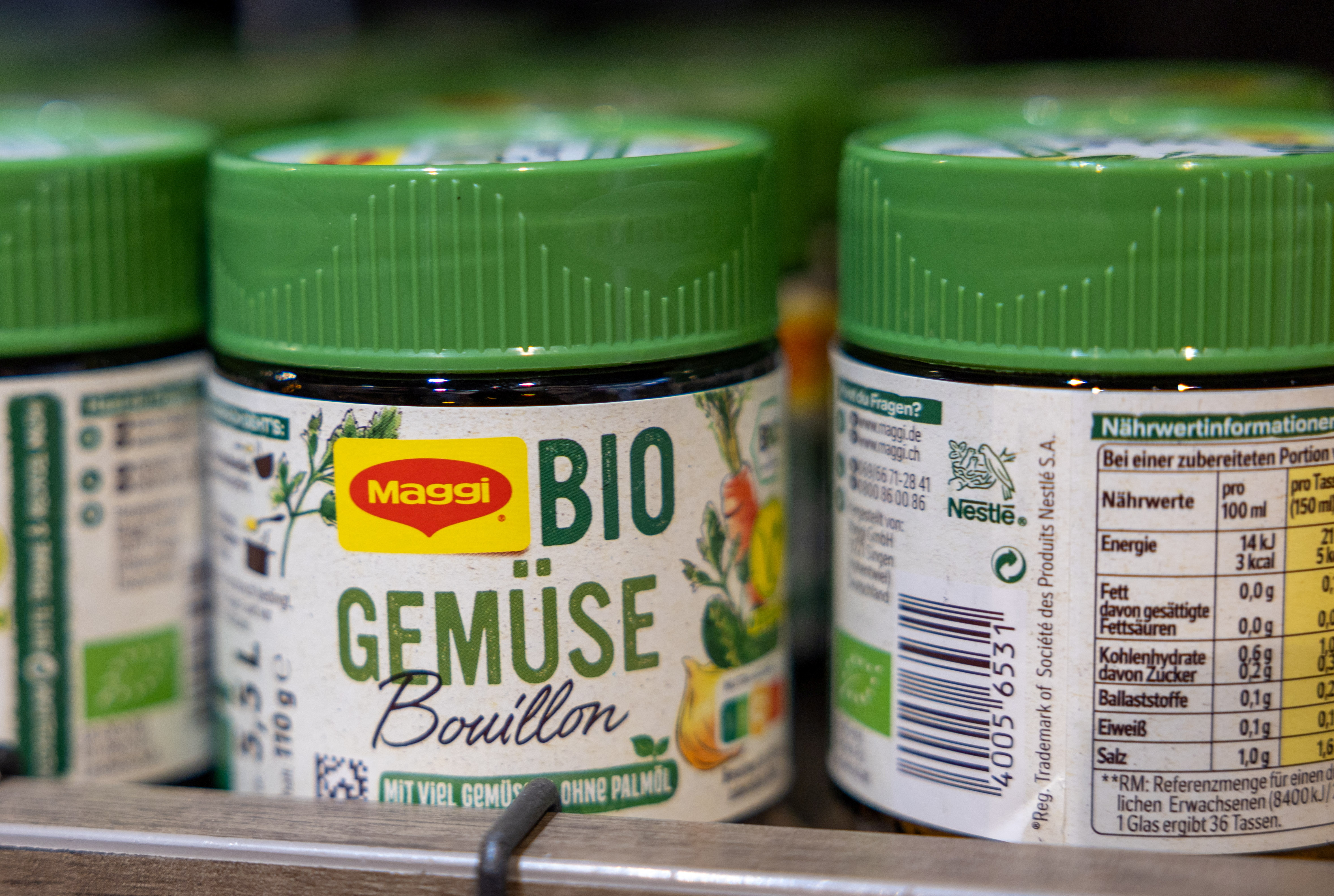 Jars of Maggi bio vegetable stock, part of food giant Nestle's portfolio, are seen in the company's headquarters in Vevey