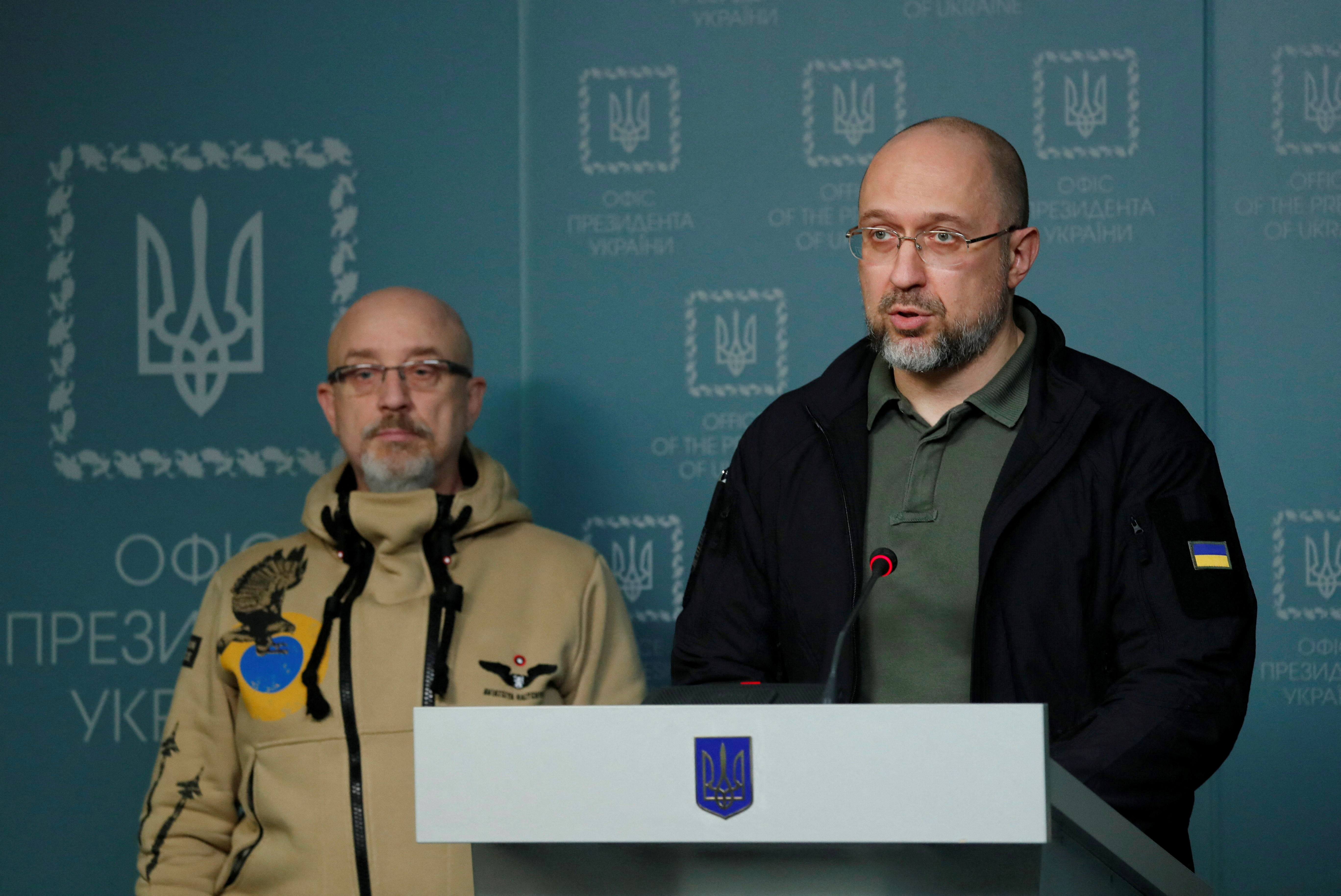 Ukrainian PM Shmyhal speaks during a news briefing in Kyiv