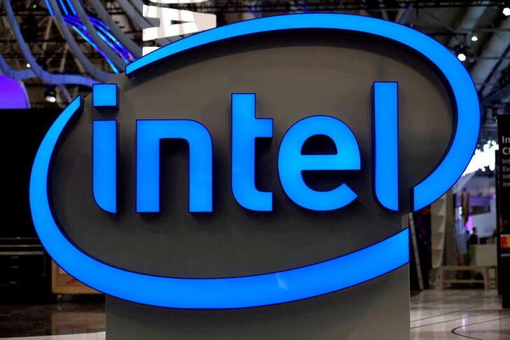 Intel's logo is pictured during preparations at the CeBit computer fair in Hanover
