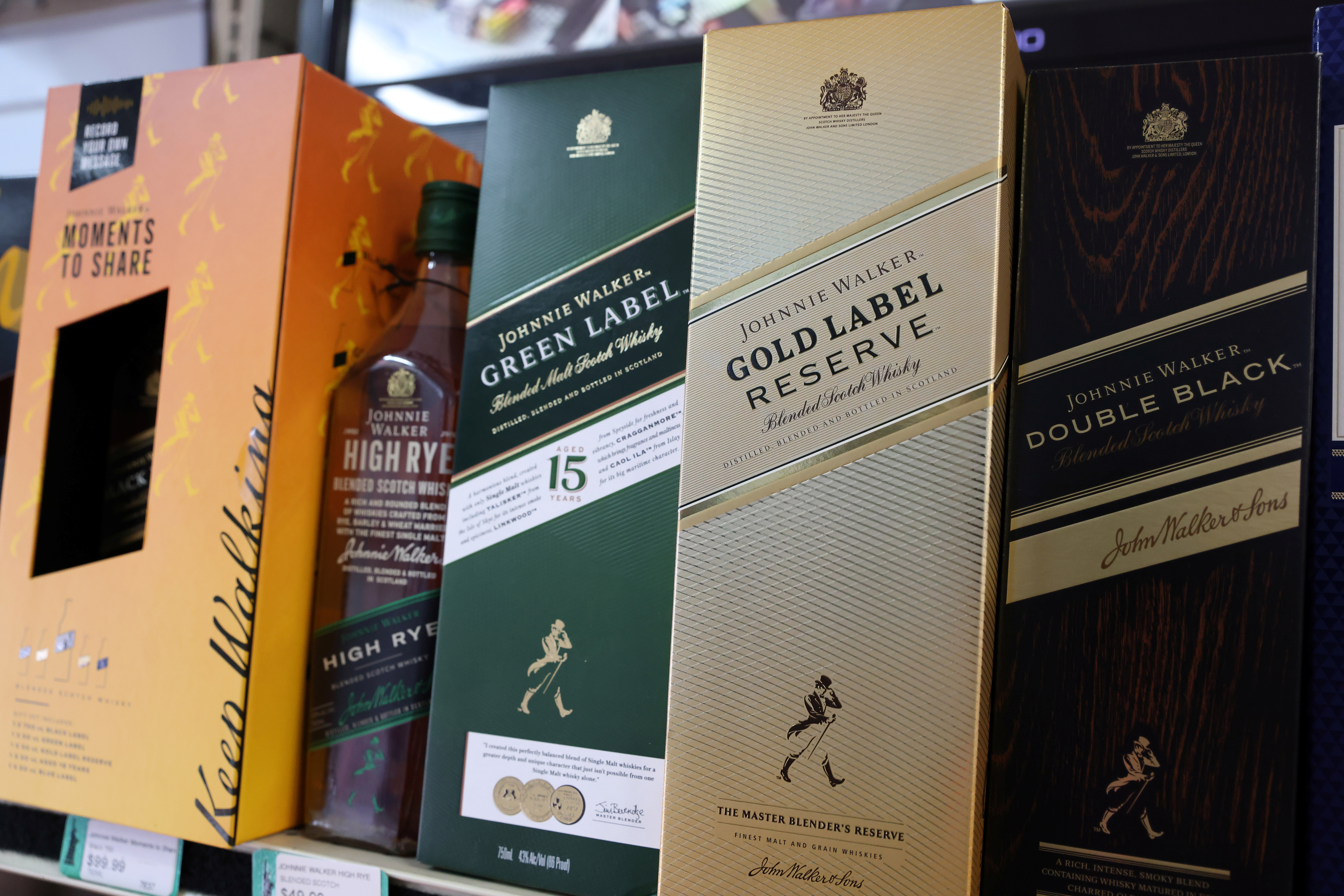 Bottles of Johnnie Walker whisky, a brand of Diageo, are seen for sale in Manhattan, New York City