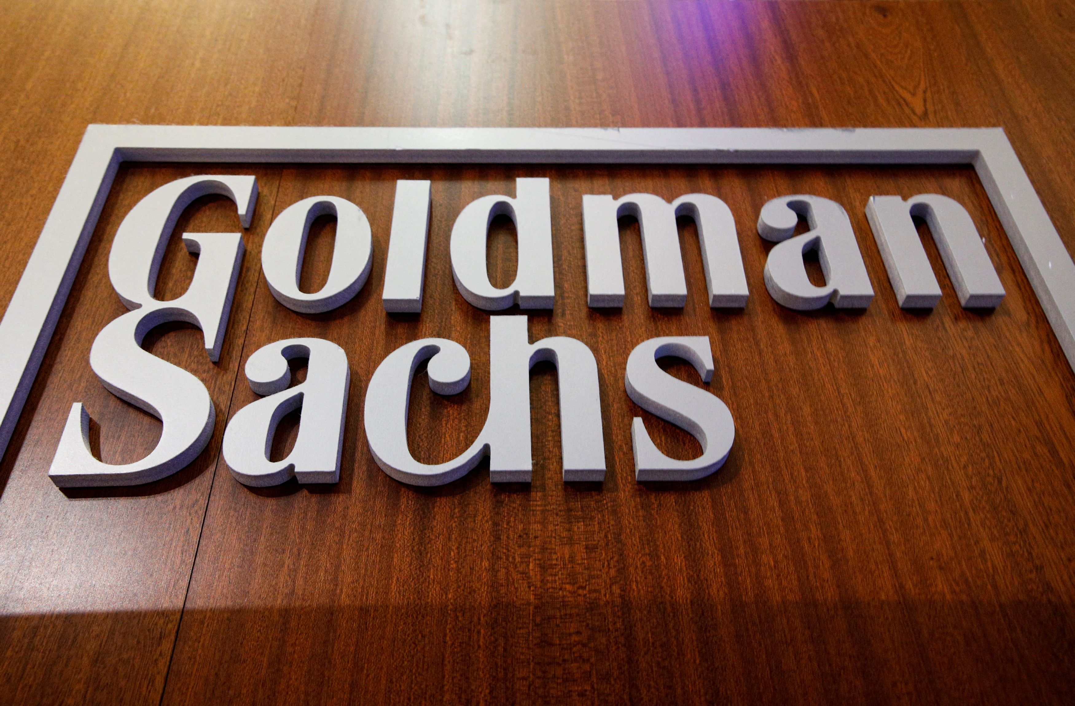 The Goldman Sachs company logo on the floor of the NYSE in New York