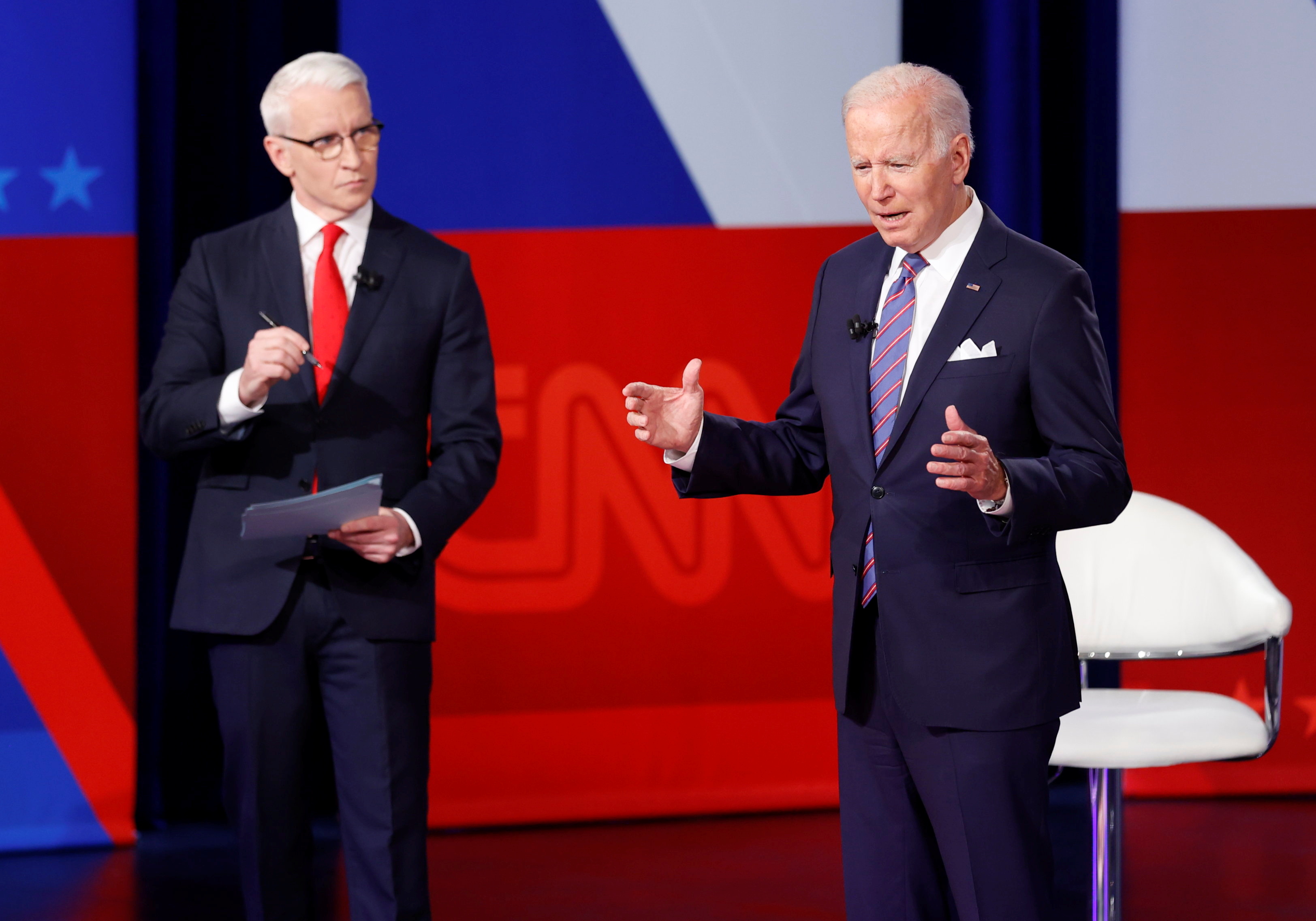 U.S. President Joe Biden participates in a town hall about his infrastructure investment proposals with CNN's Anderson Cooper at the Baltimore Center Stage Pearlstone Theater in Baltimore, Maryland, U.S. October 21, 2021. REUTERS/Jonathan Ernst