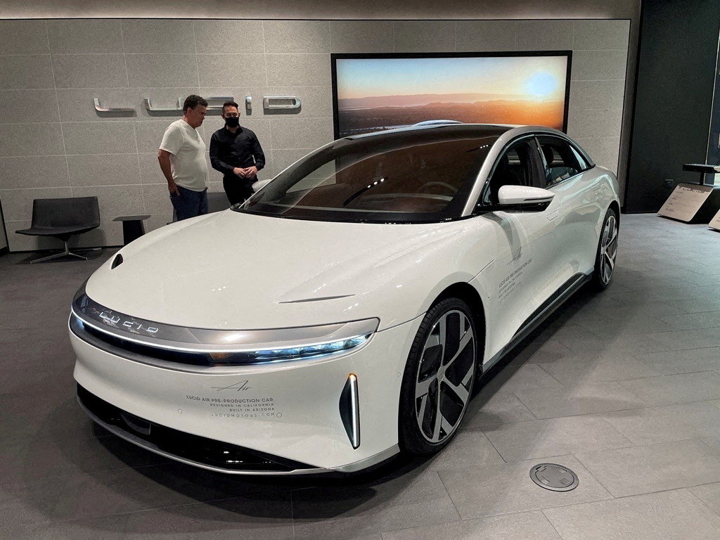 A Lucid Air electric vehicle is displayed at a shopping mall in Scottsdale, Arizona