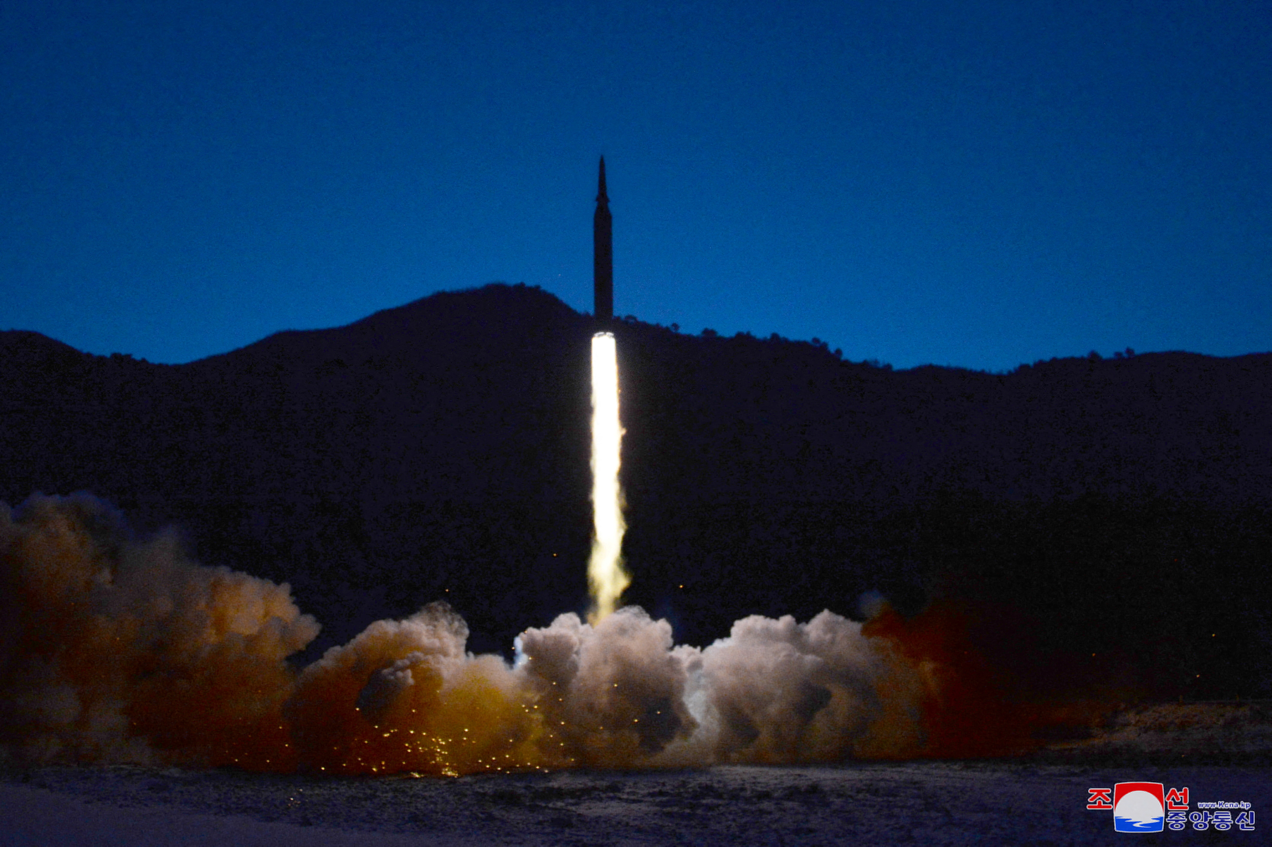 A missile is launched during what state media report is a hypersonic missile test at an undisclosed location in North Korea