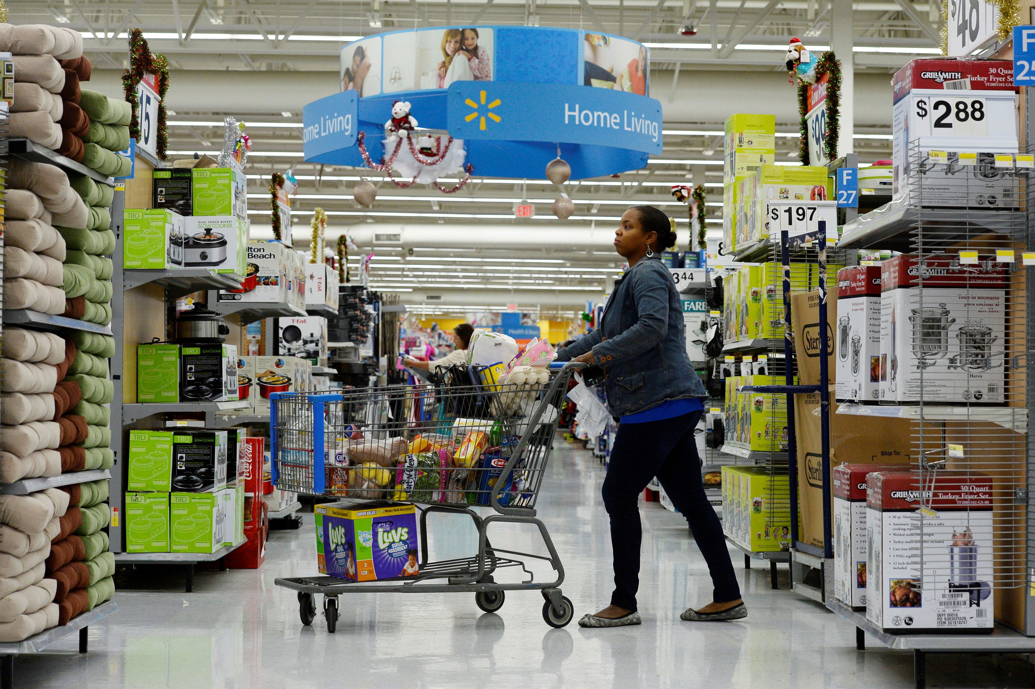 A customer pushes her shopping cart through the aisles at a Walmart store in the Porter Ranch section of Los Angeles November 26, 2013. REUTERS/Kevork Djansezian