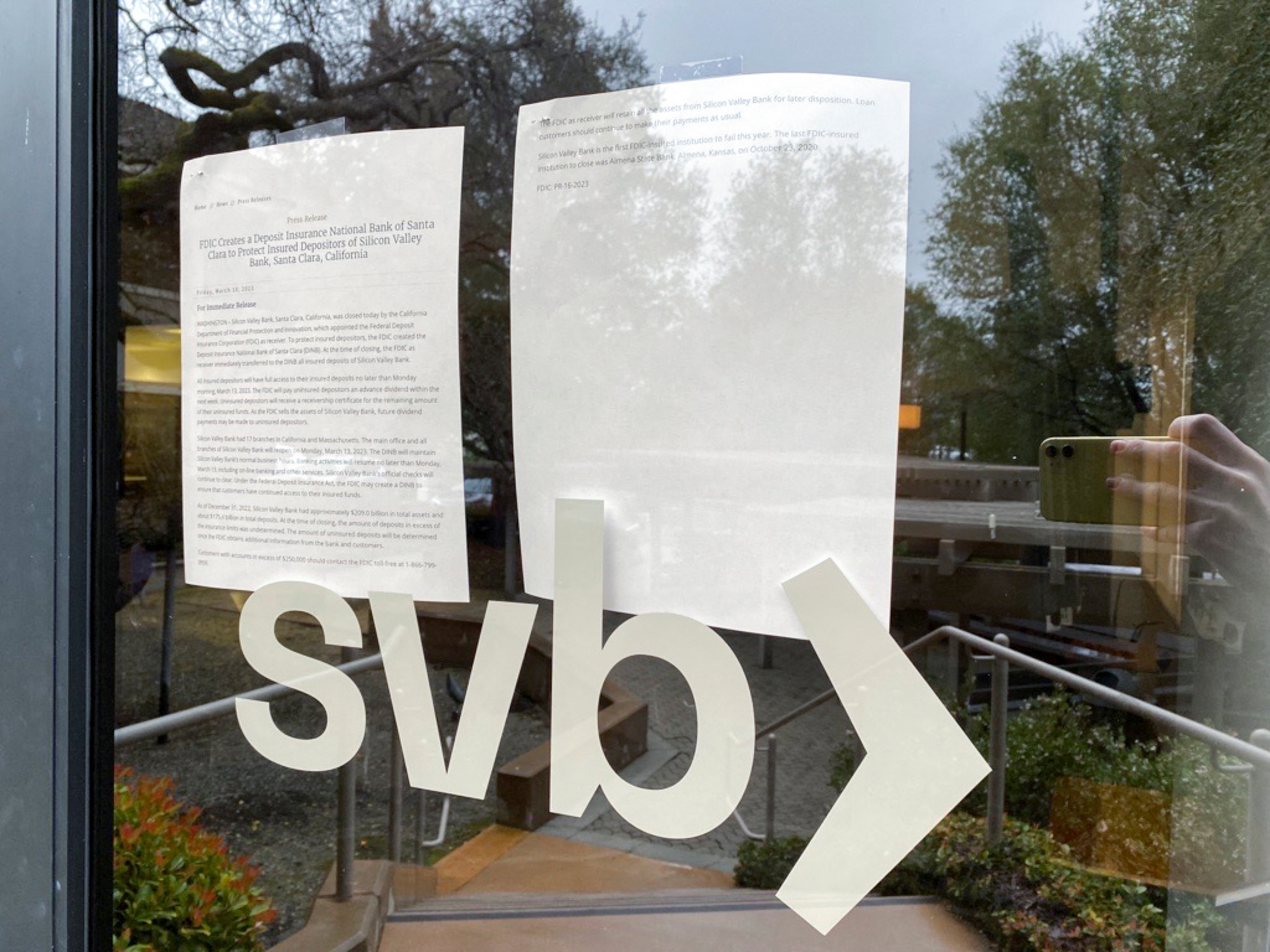 A locked door to a Silicon Valley Bank location on Sand Hill Road is seen in Menlo Park