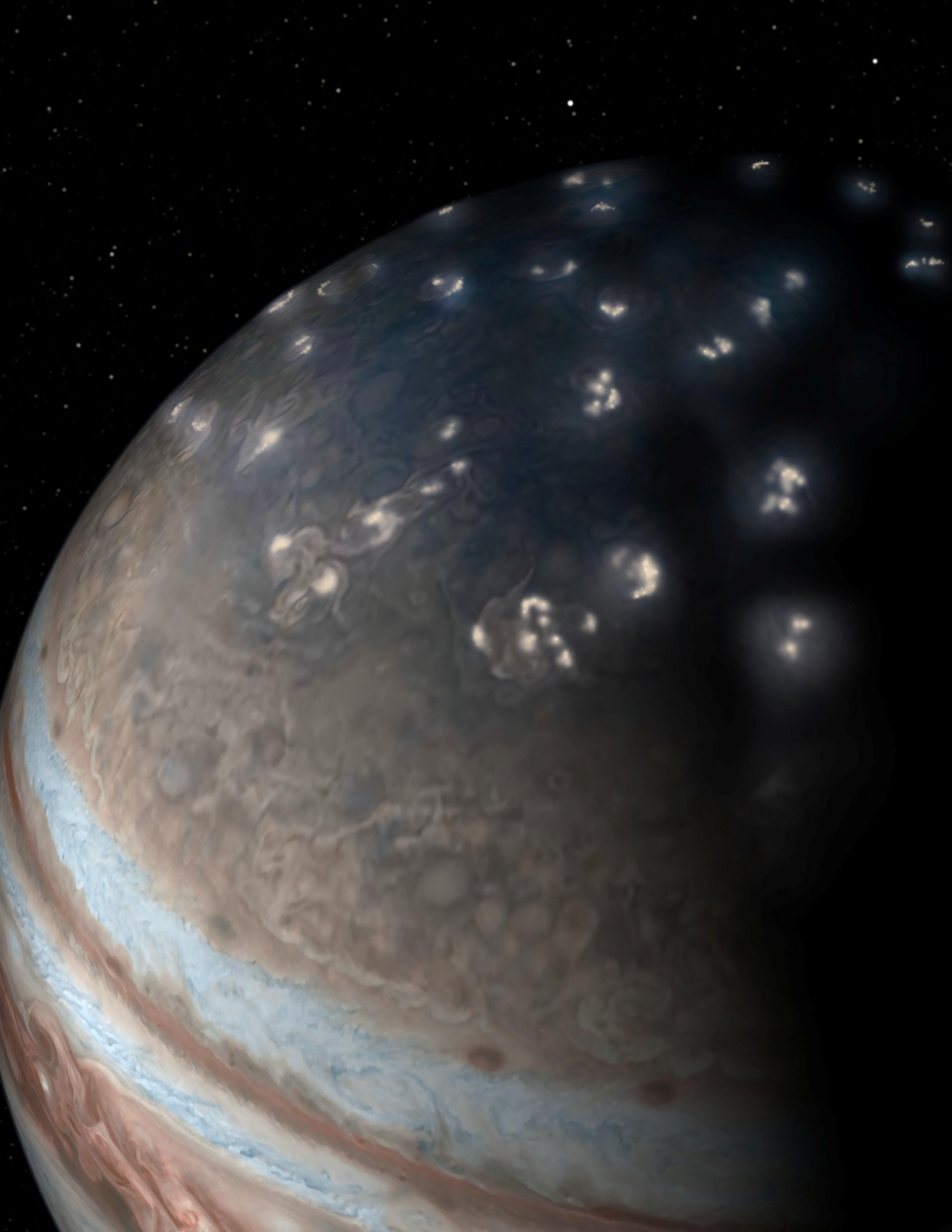 This artist's concept of lightning distribution in Jupiter's northern hemisphere incorporates a JunoCam image from the NASA spacecraft Juno with artistic embellishments