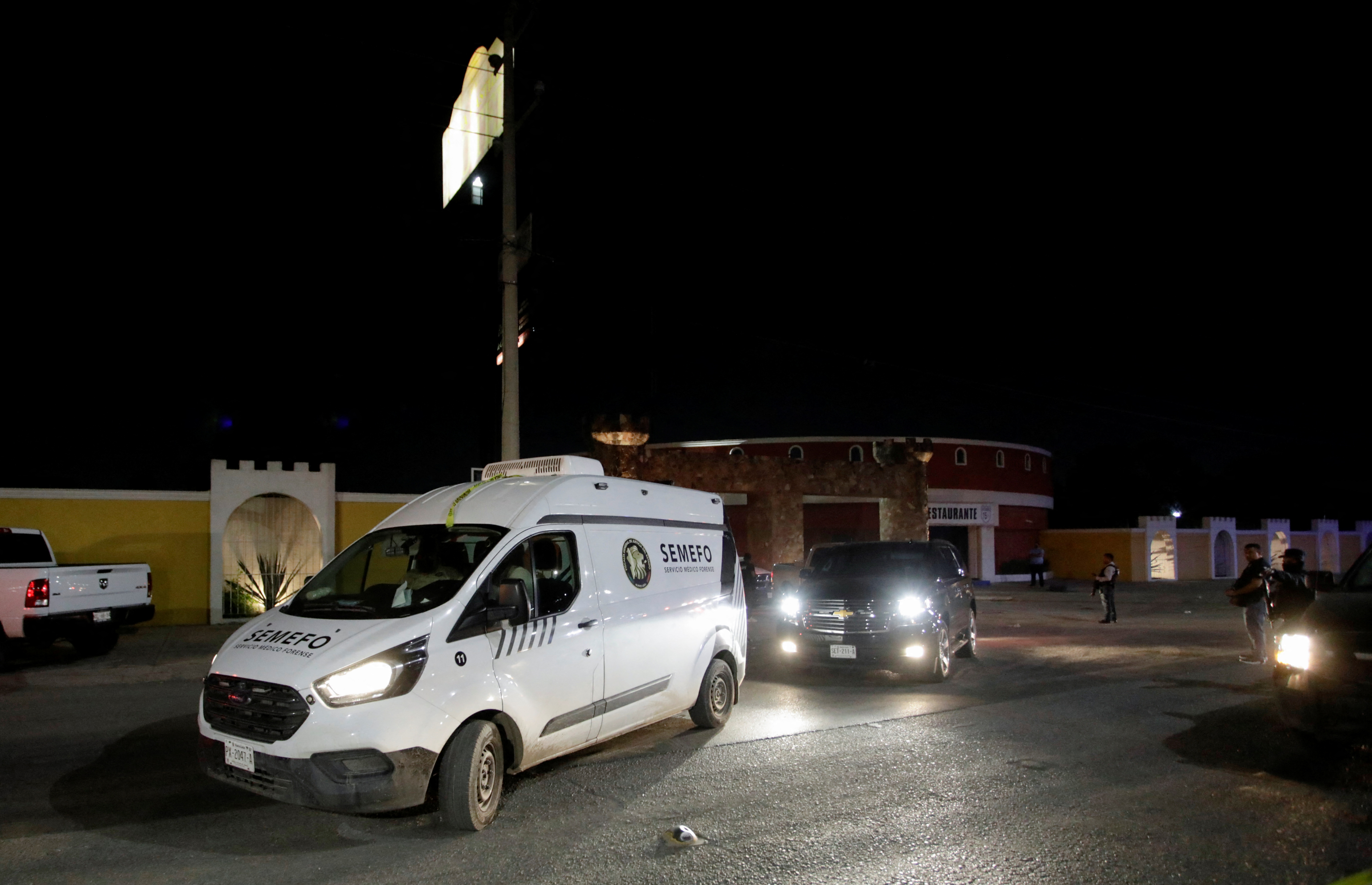A forensic vehicle transporting the body of a woman found inside a water tank, leaves the Nueva Castilla Motel, near the place where Debanhi Escobar, an 18-year old student, has been missing since April 9, in Escobedo
