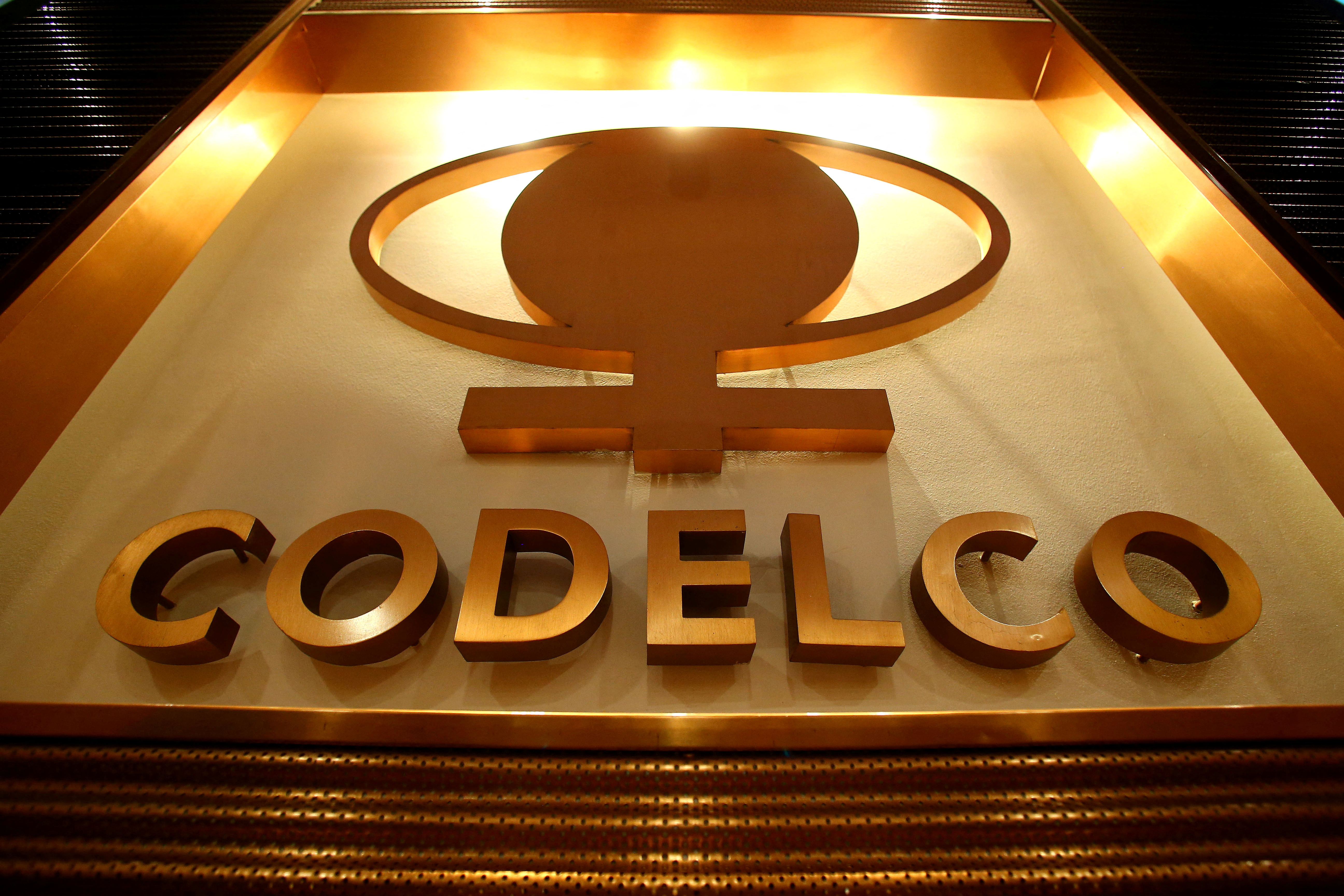 The logo of Codelco, the world's largest copper producer, is seen at their headquarters in downtown Santiago