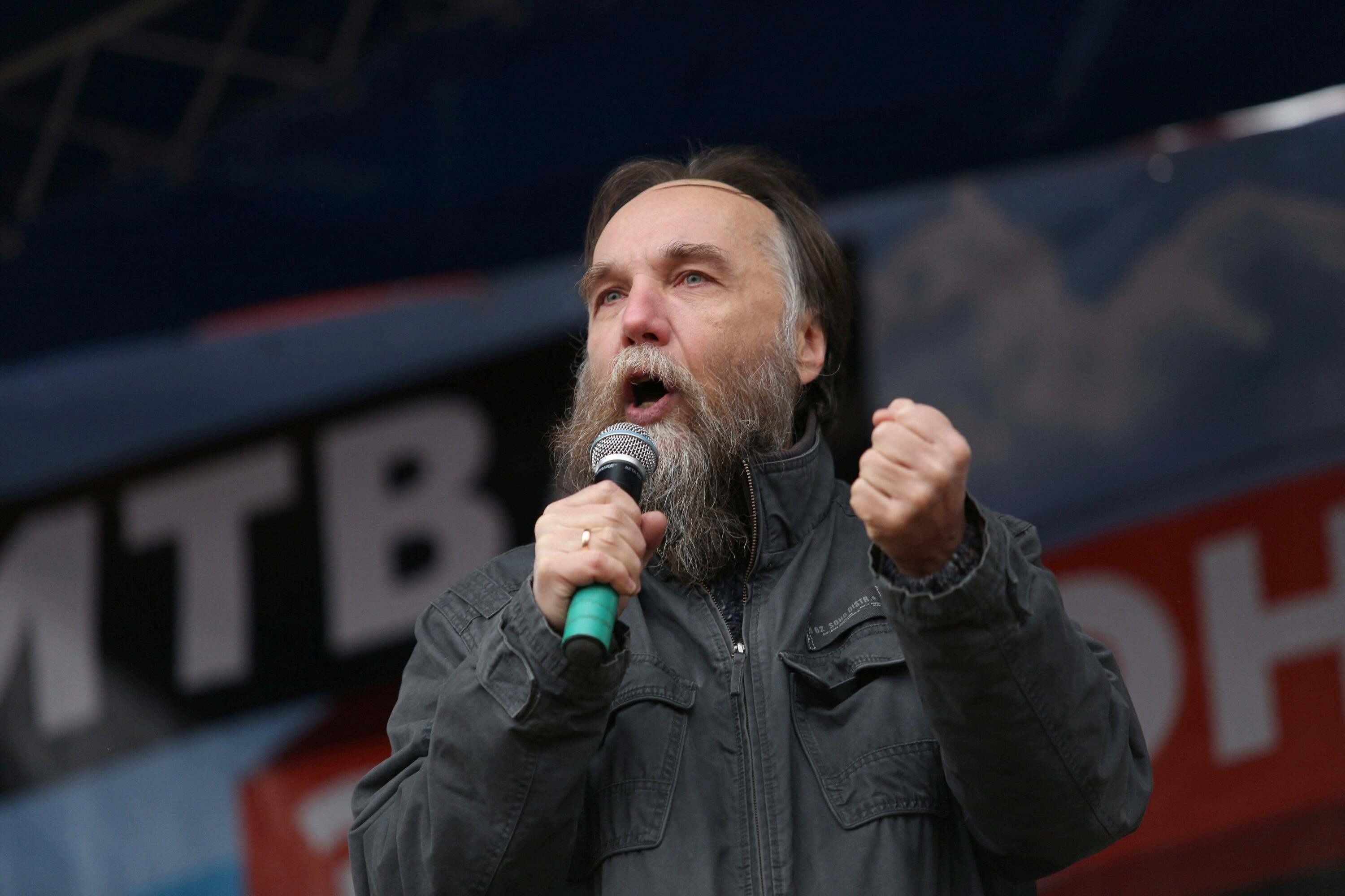 Russian politologist Alexander Dugin addresses a rally in Moscow