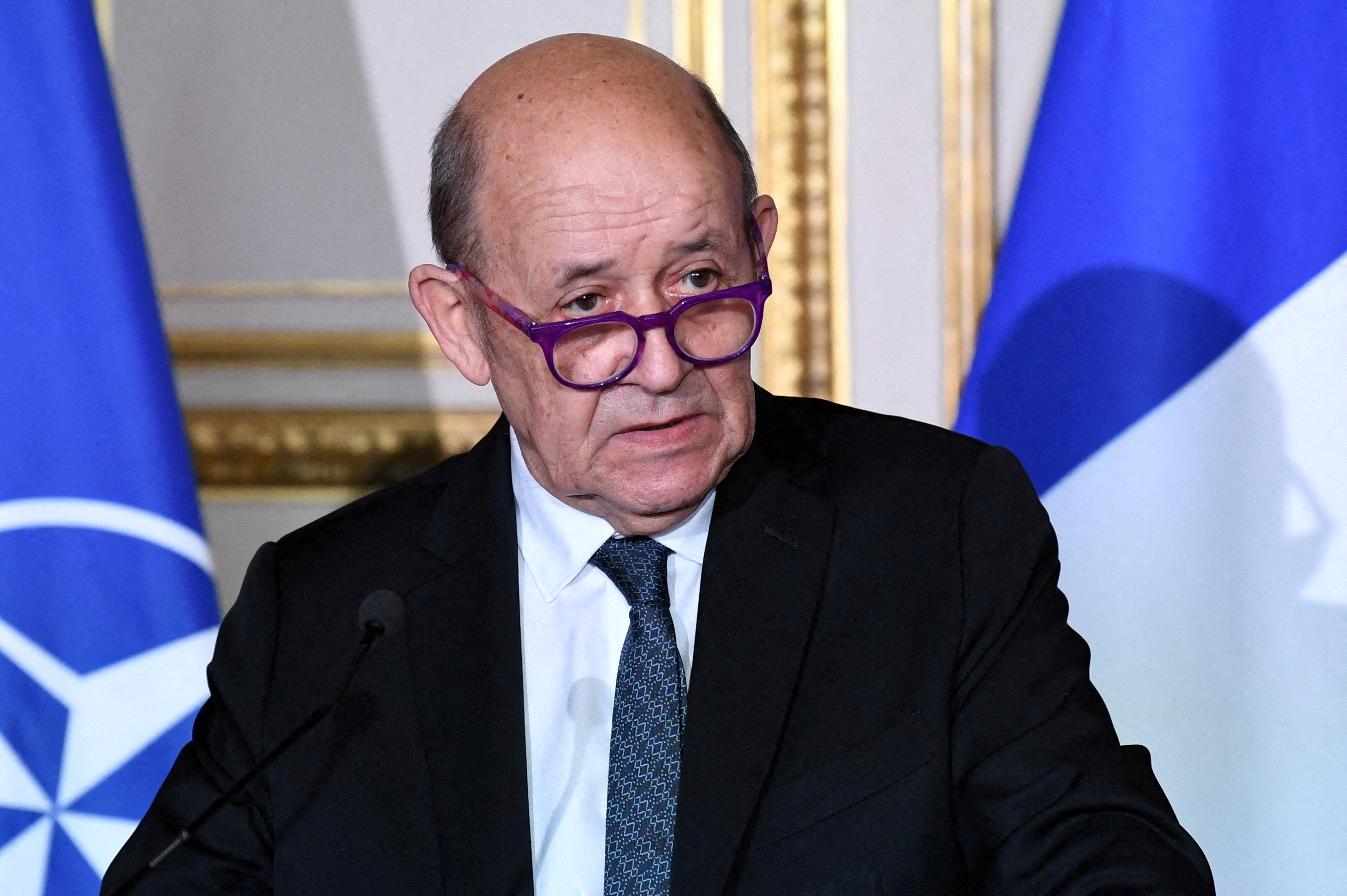 French Foreign Affairs Minister Jean-Yves Le Drian speaks at a news conference following a meeting with NATO's Secretary General and the French defence minster in Paris