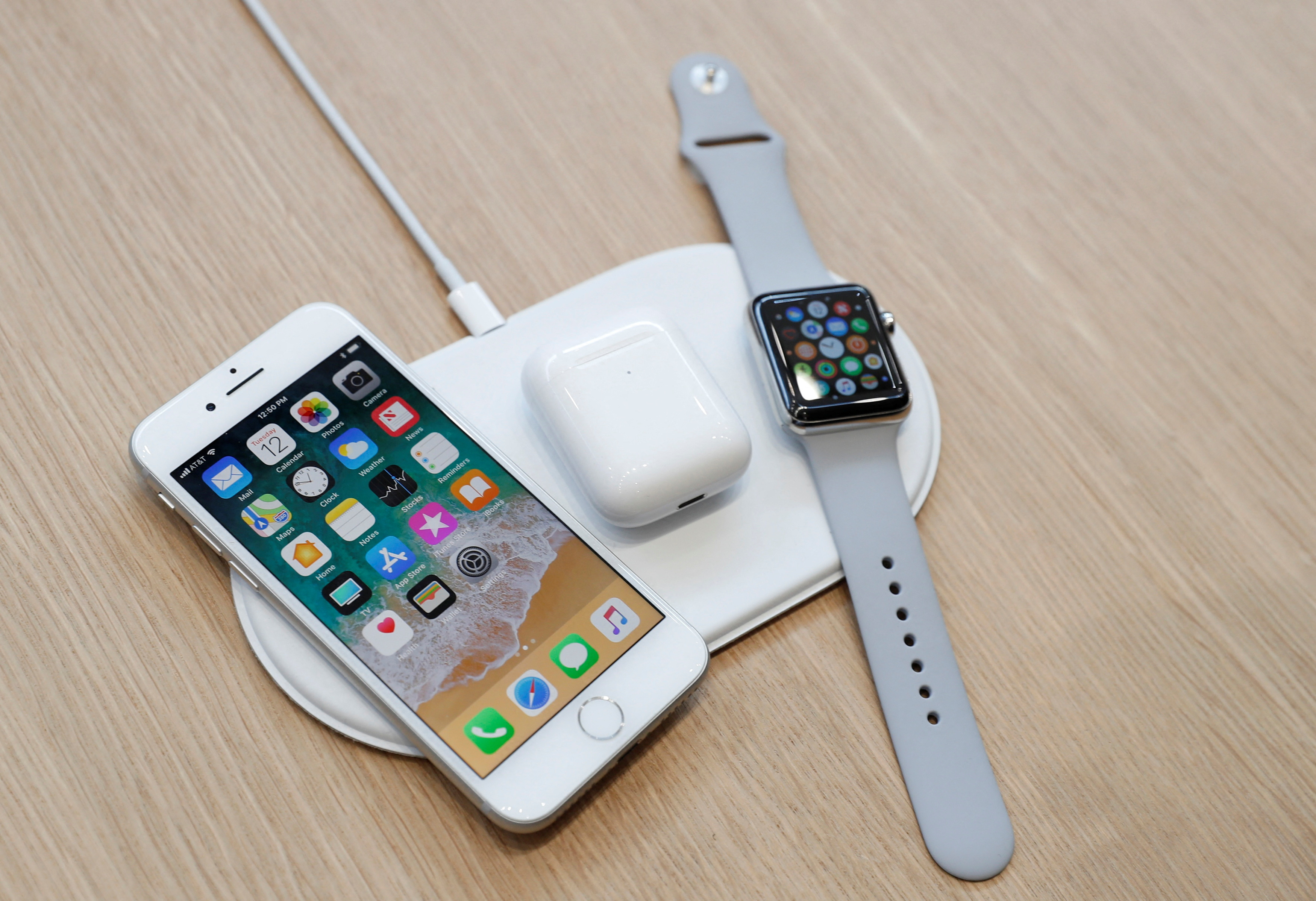An AirPower wireless charger is displayed during a launch event in Cupertino