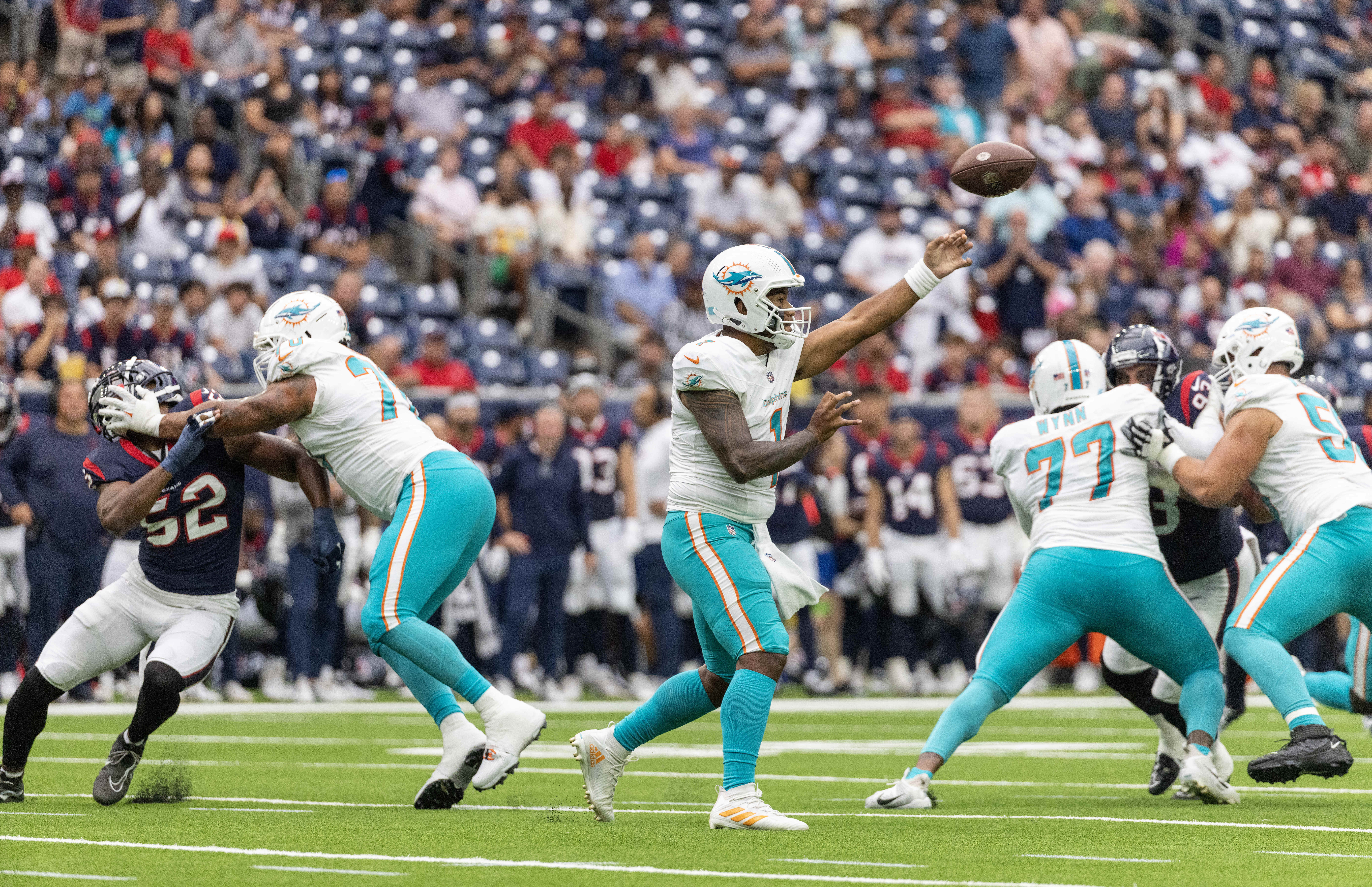 Miami. FL USA; Miami Dolphins quarterback Skylar Thompson (19) rolls out of  the pocket during an NFL game against the Houston Texans at the Hard Rock  Stadium, Sunday, November 27. The Dolphins