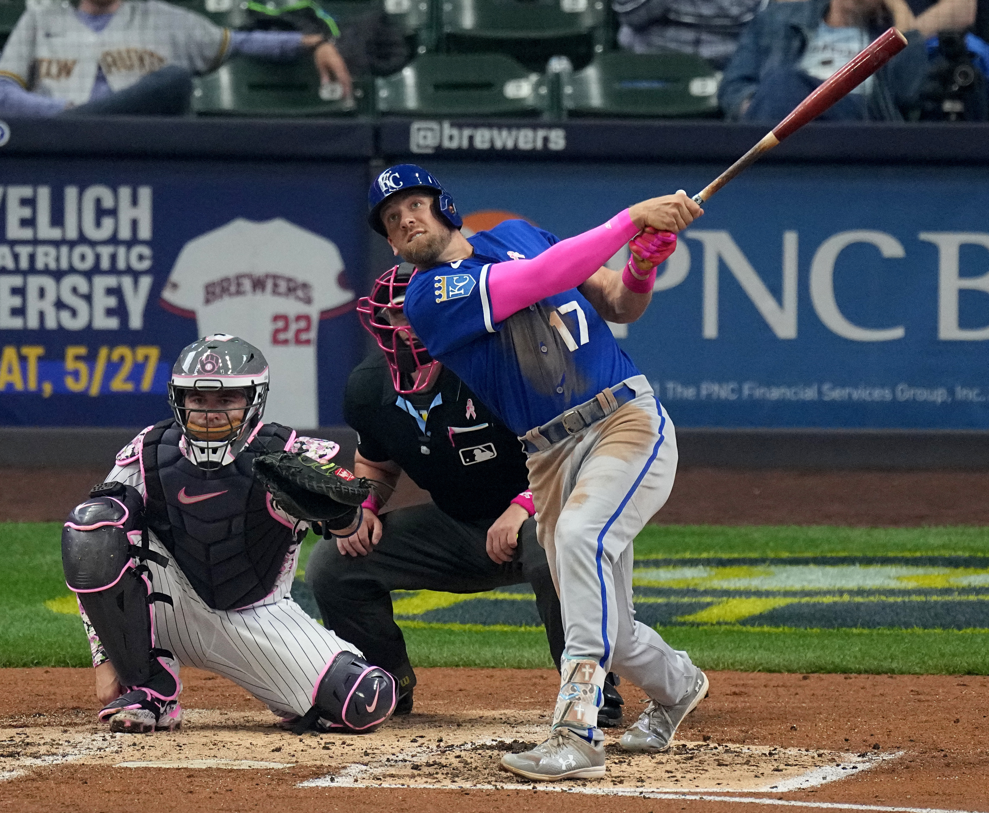 MILWAUKEE, WI - APRIL 22: Milwaukee Brewers designated hitter Jesse Winker  (33) is hit by a pitch during a game between the Milwaukee Brewers and the  Boston Red Sox on April 22