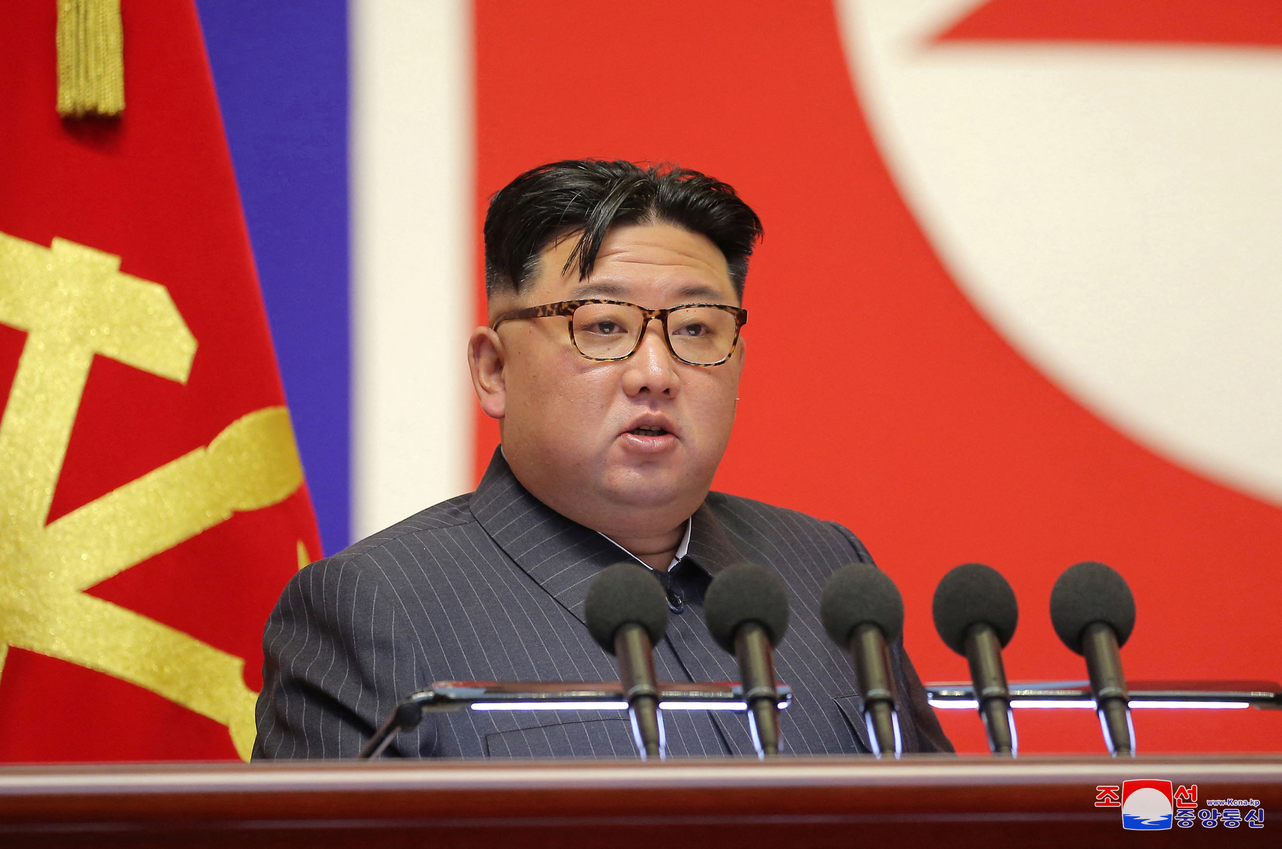 North Korea's leader Kim Jong Un speaks during a meeting to review the state's disaster prevention work in Pyongyang