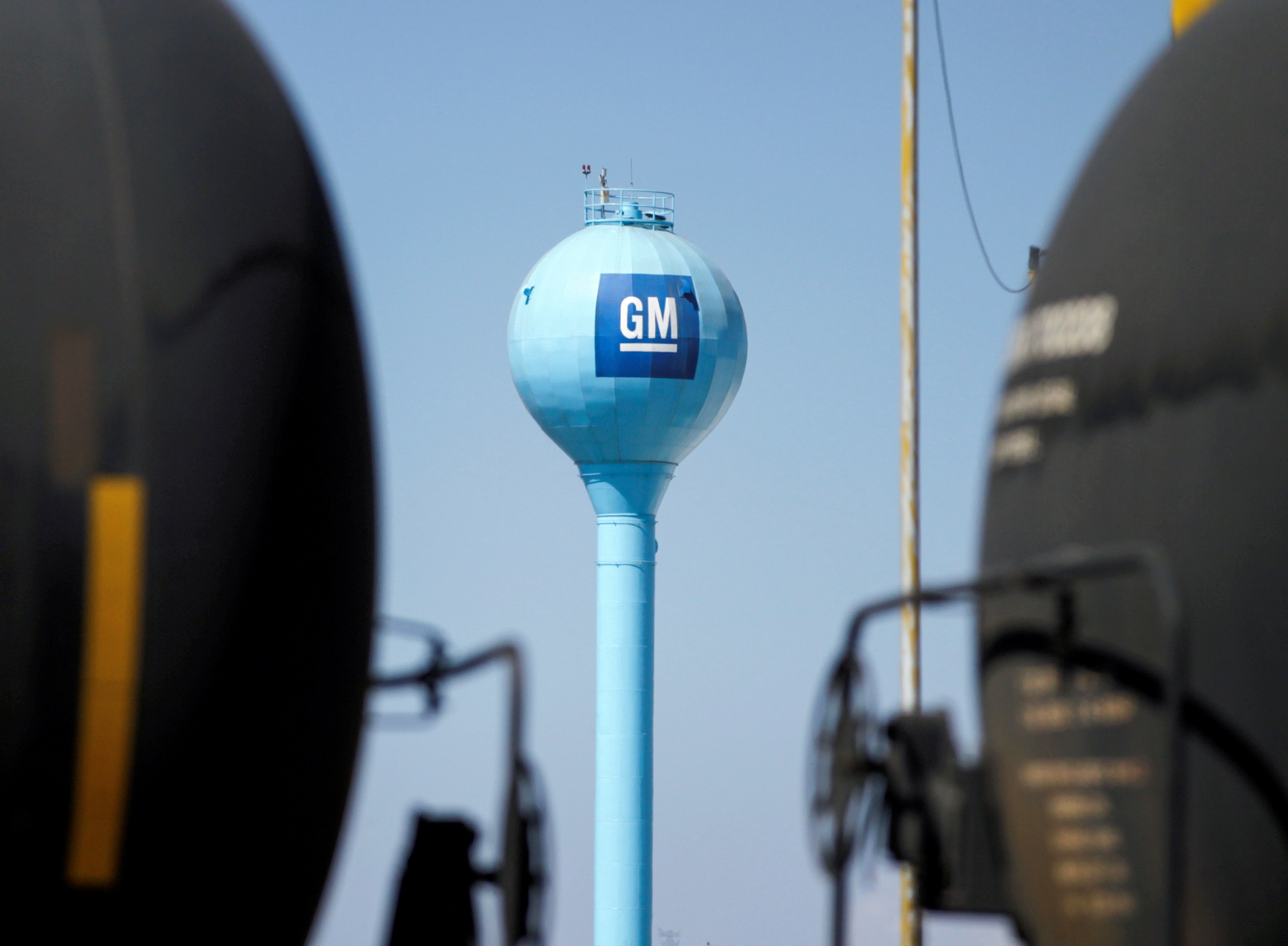 The GM logo is seen on a water tank of the General Motors assembly plant in Ramos Arizpe