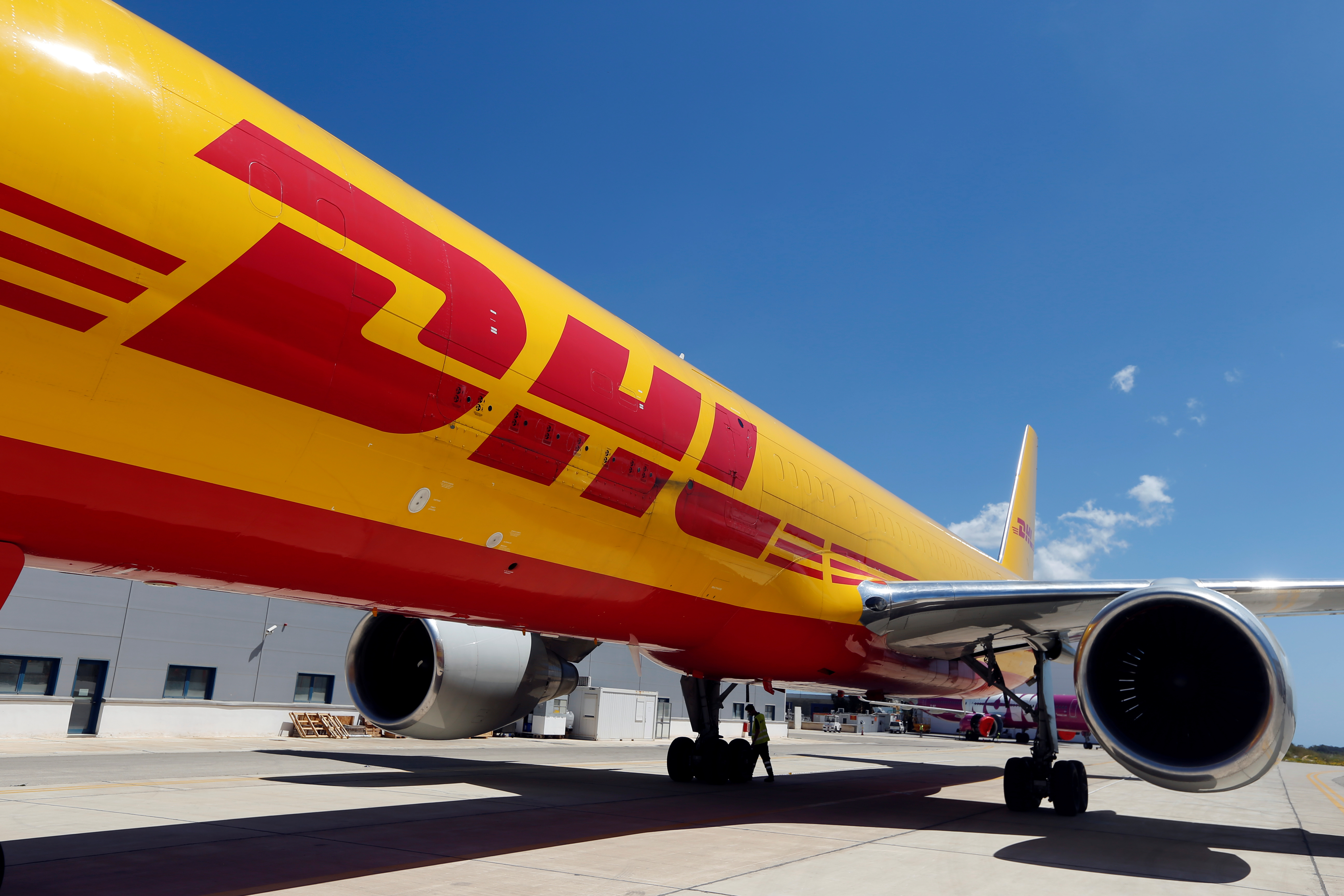 A DHL logo is seen on a DHL Boeing 757 aircraft during a charity fundraising event at the Safi Aviation Park in Safi