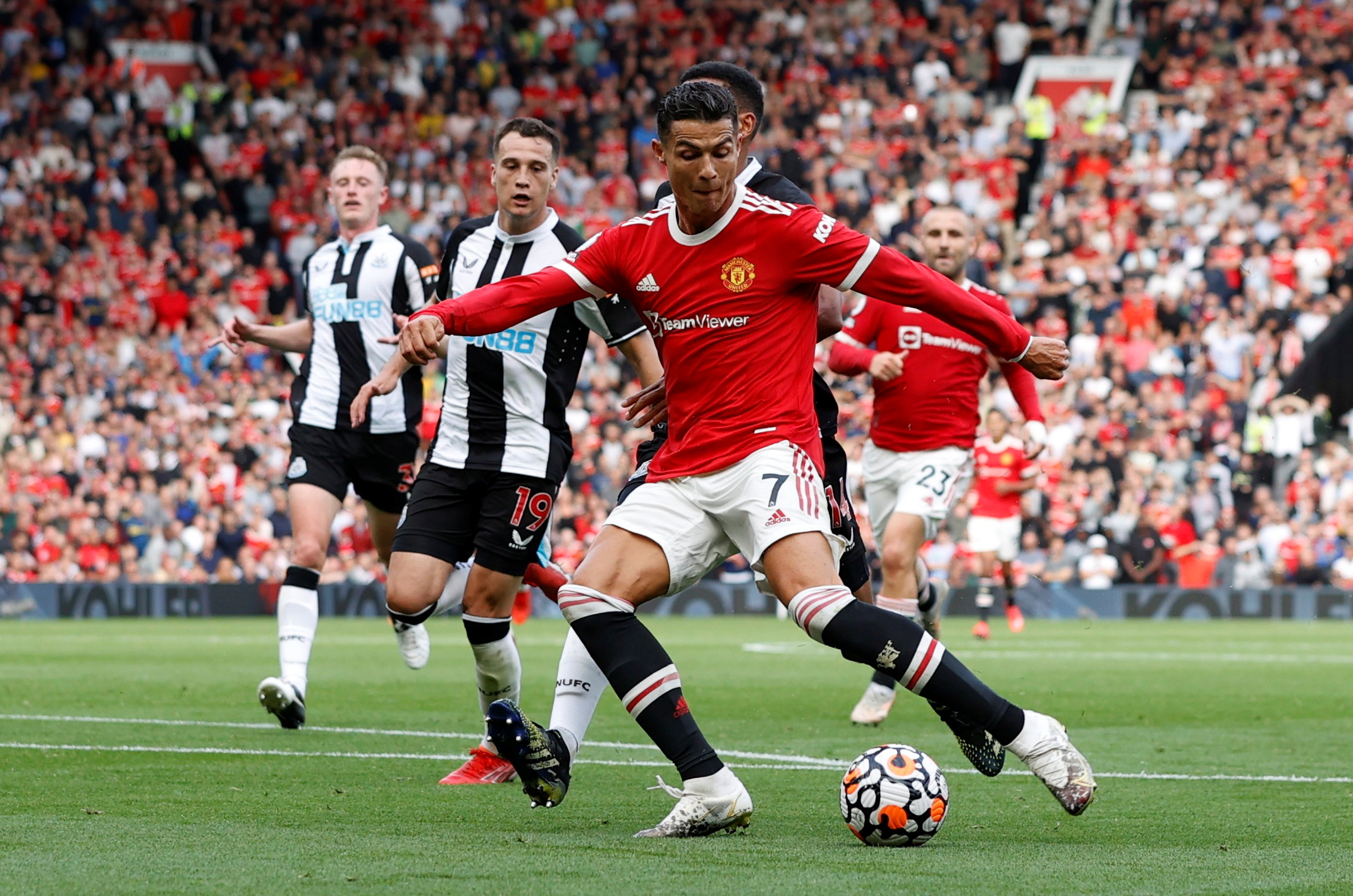  Cristiano Ronaldo in action during a soccer match between Manchester United and Newcastle United at Old Trafford.