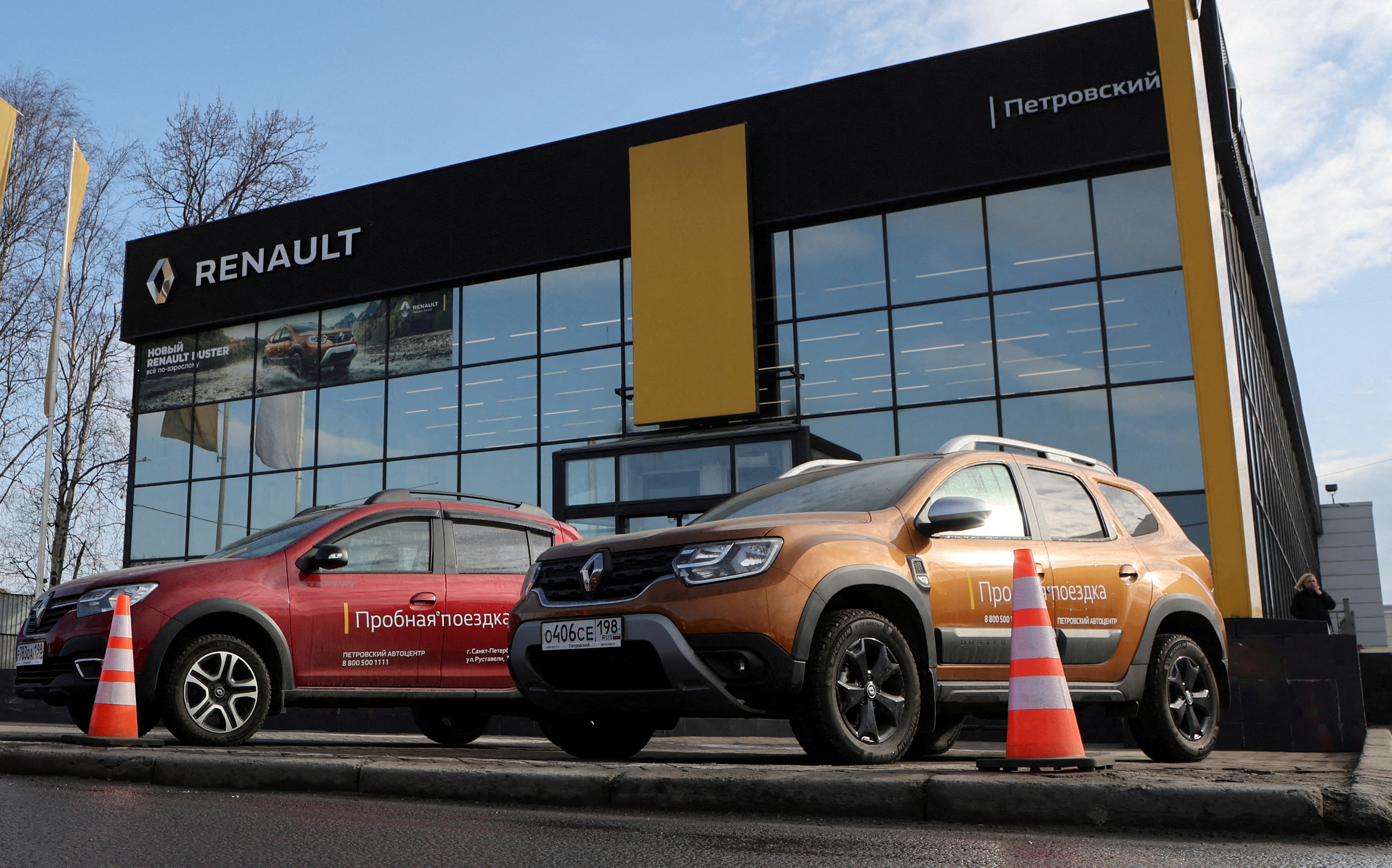 Renault cars are parked outside a showroom in Saint Petersburg