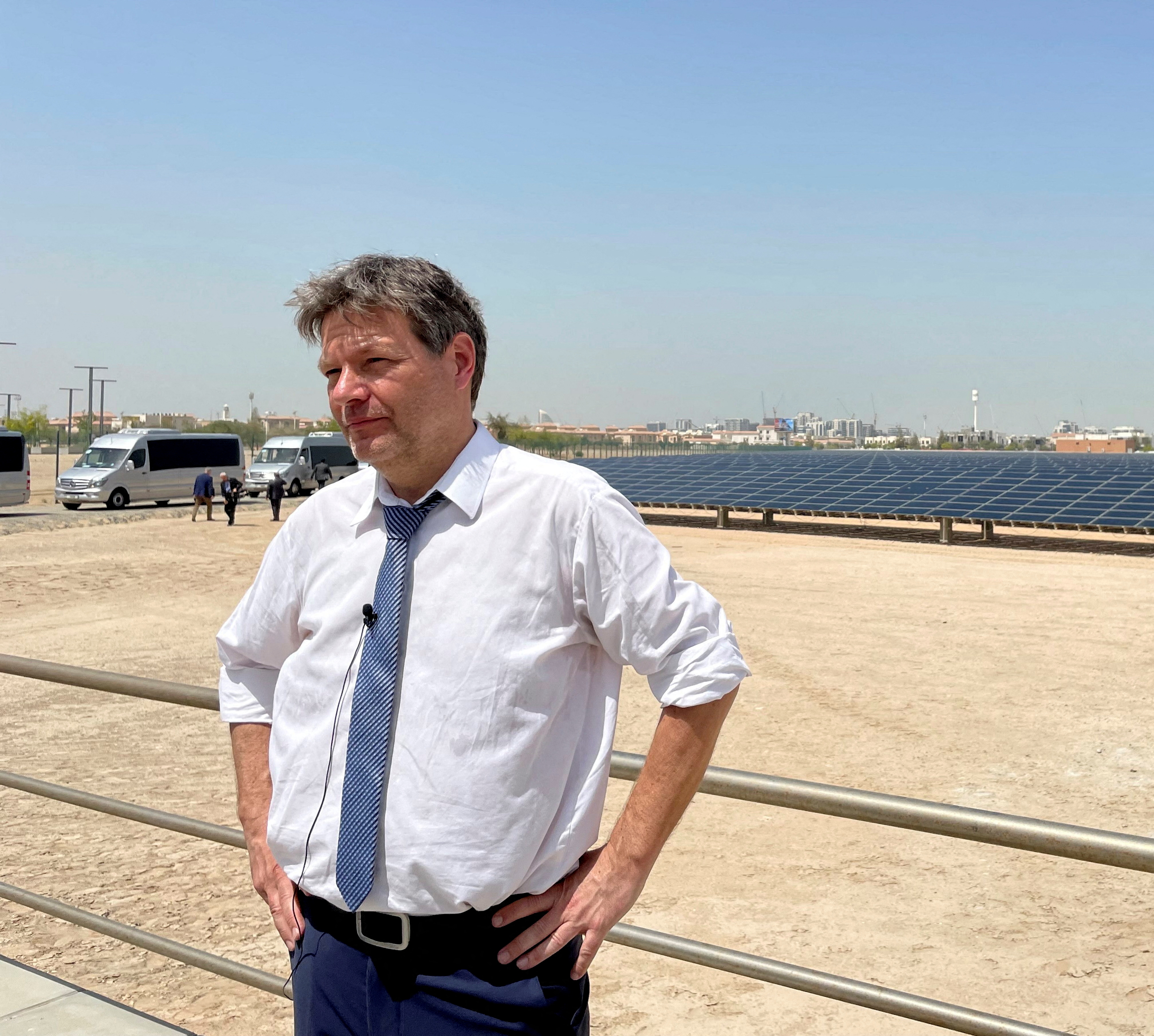 German Economy Minister Habeck gestures after a tour of the solar field at Masdar City, in Abu Dhabi