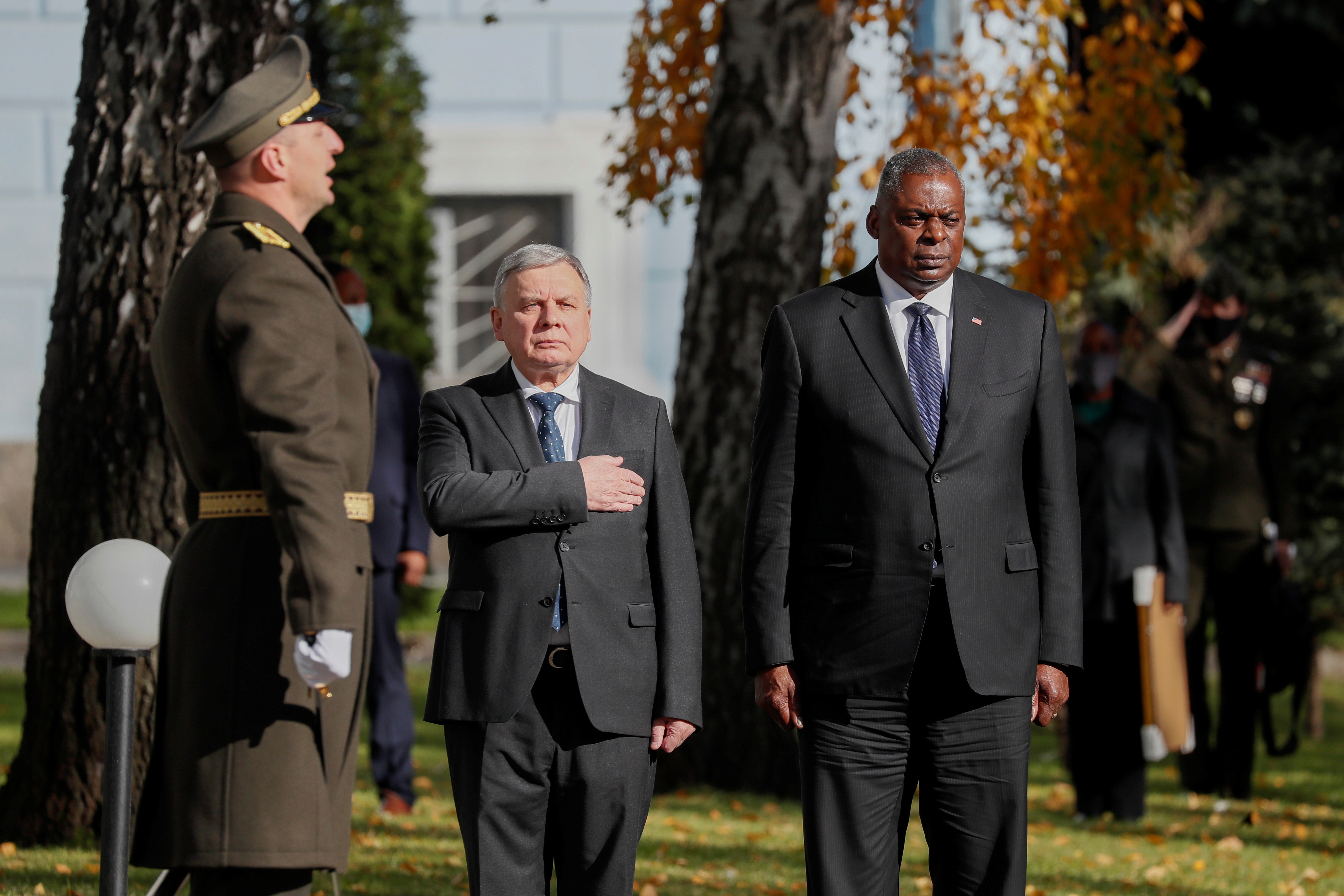 U.S. Defense Secretary Lloyd Austin and Ukrainian Defence Minister Andriy Taran attend a welcoming ceremony prior to their meeting in Kyiv, Ukraine October 19, 2021. REUTERS/Gleb Garanich