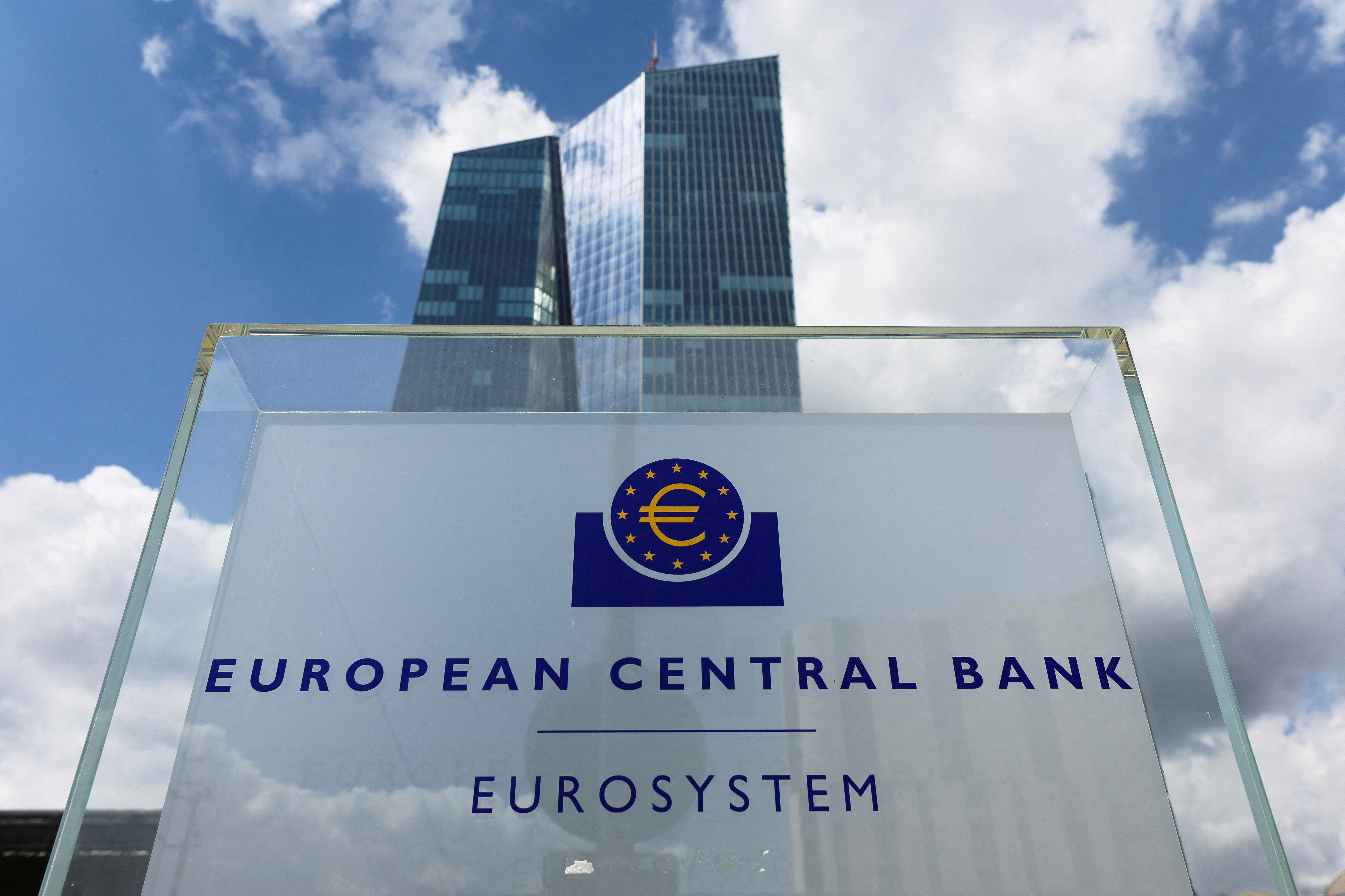 European flags are seen in front of the ECB building, in Frankfurt