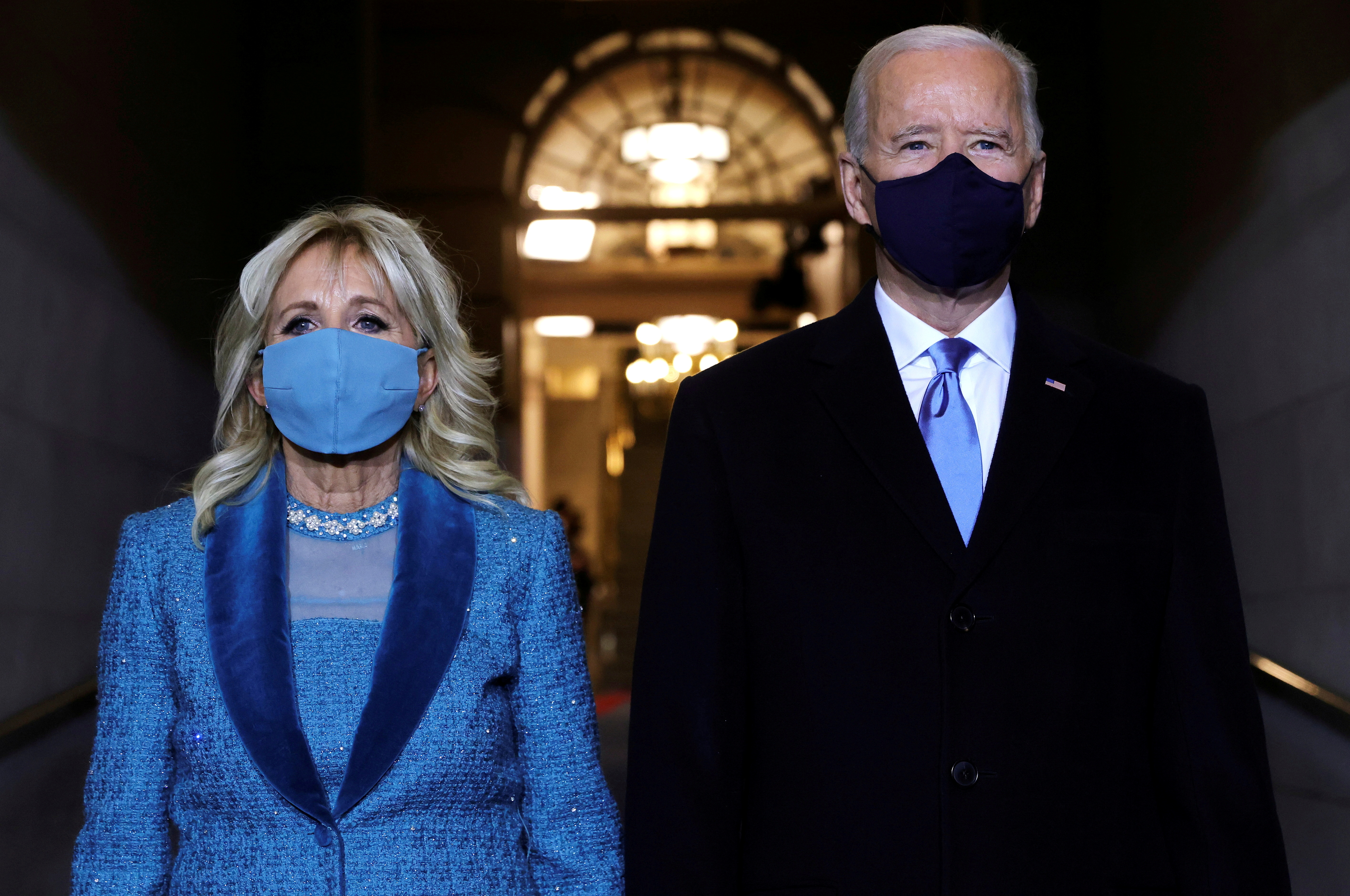 U.S. President-elect Joe Biden and Jill Biden arrive at his inauguration on the West Front of the U.S. Capitol in Washington, U.S.