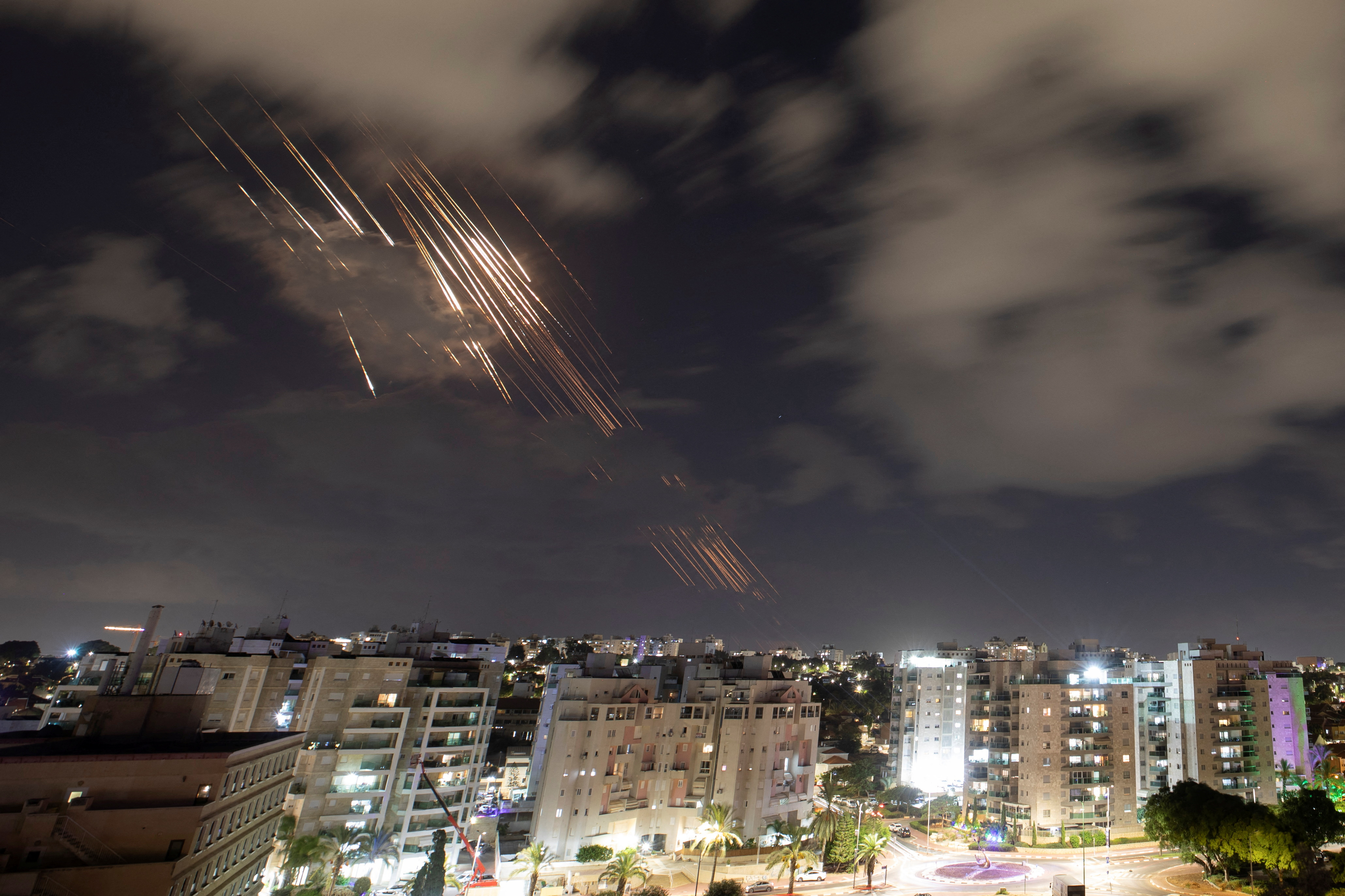 Israel's Iron Dome anti-missile system intercepts rockets, as seen from Ashkelon