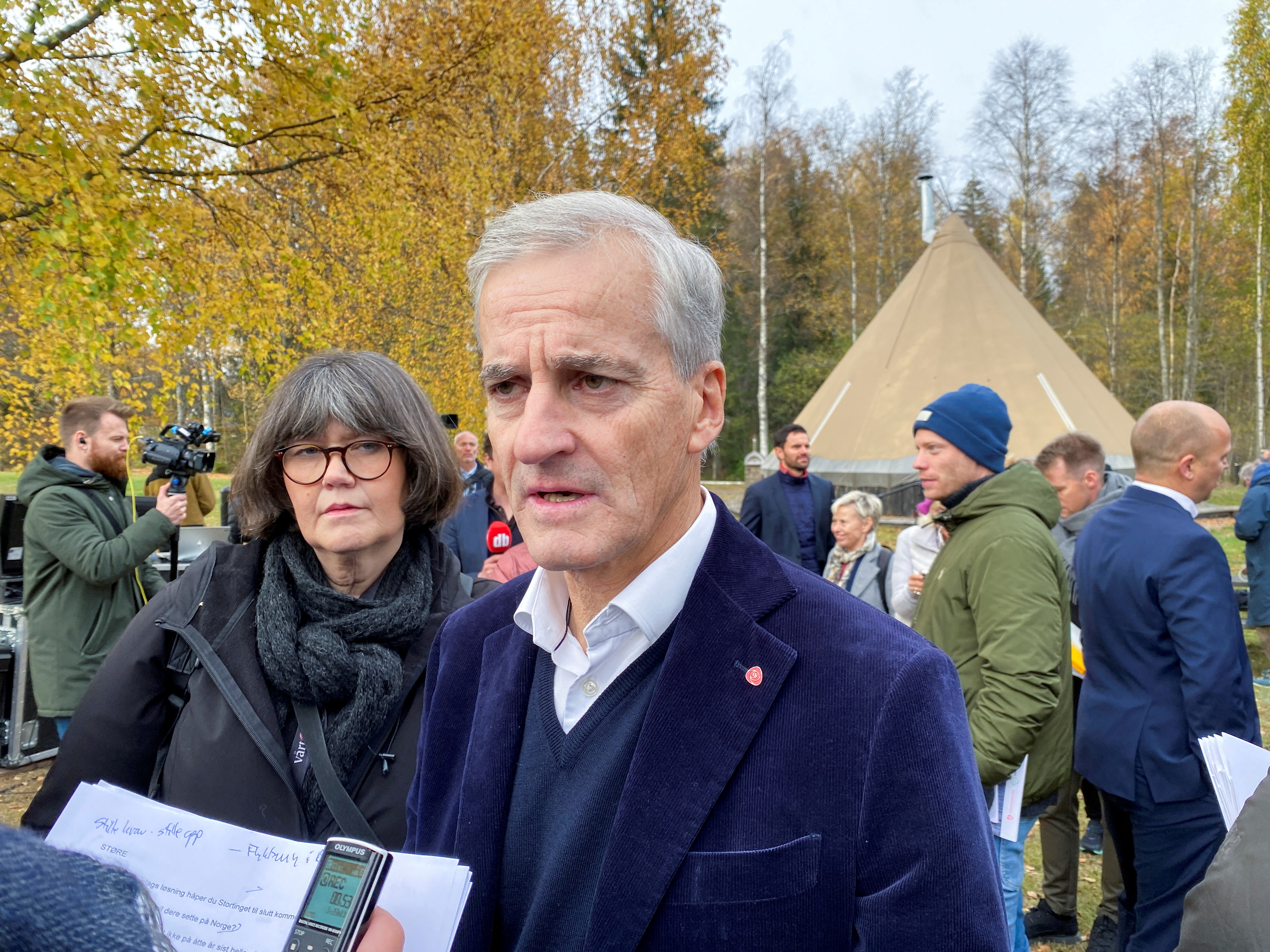 Norway's incoming Prime Minister and Labour leader Jonas Gahr Stoere speaks to a member of the media at a presentation of the incoming government's policies, in Hurdal, Norway October 13, 2021. REUTERS/Victoria Klesty