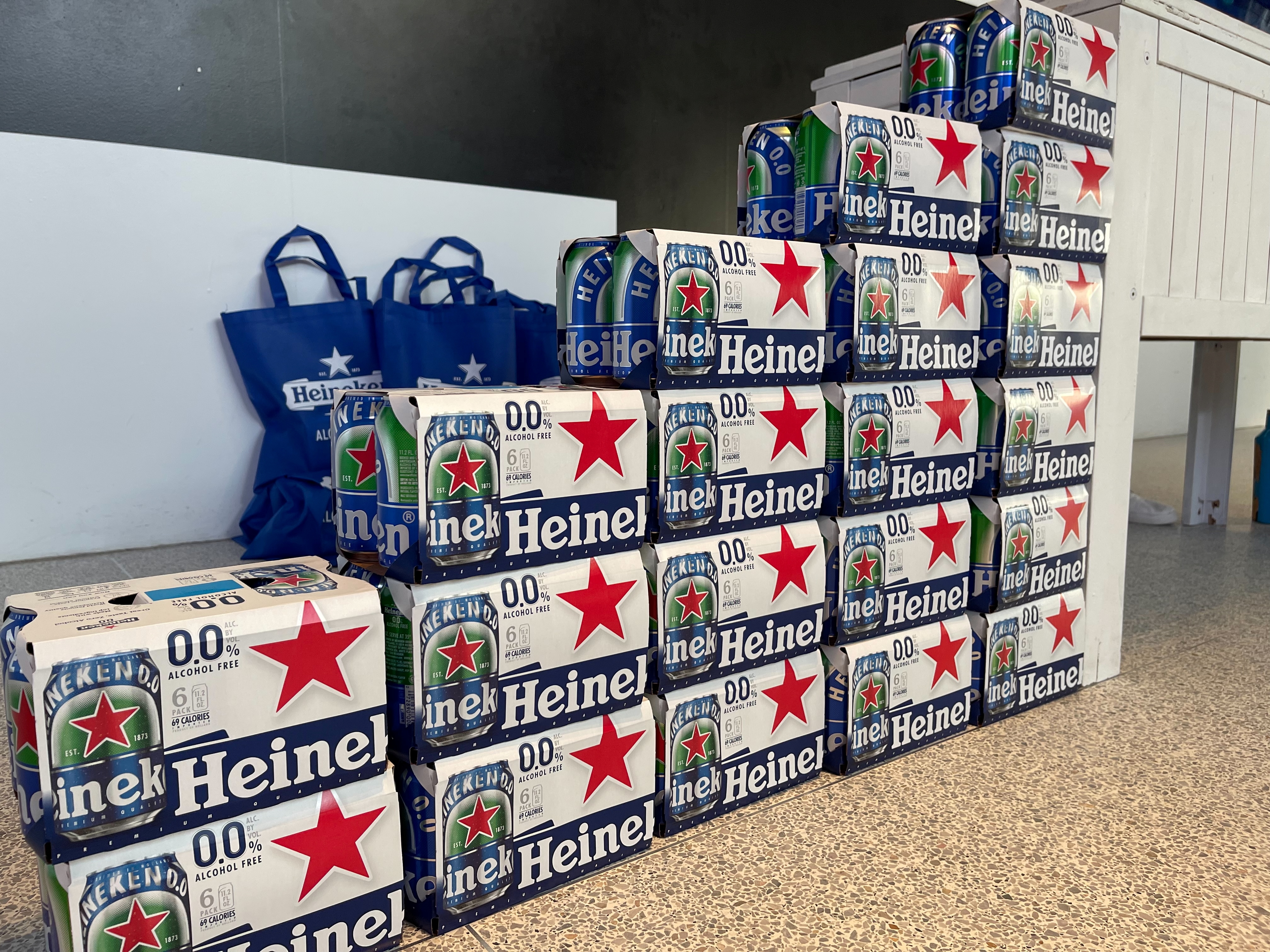 Cans of Heineken non-alcoholic beer are seen on display at a sampling event at Pier 17 in New York City's Seaport District