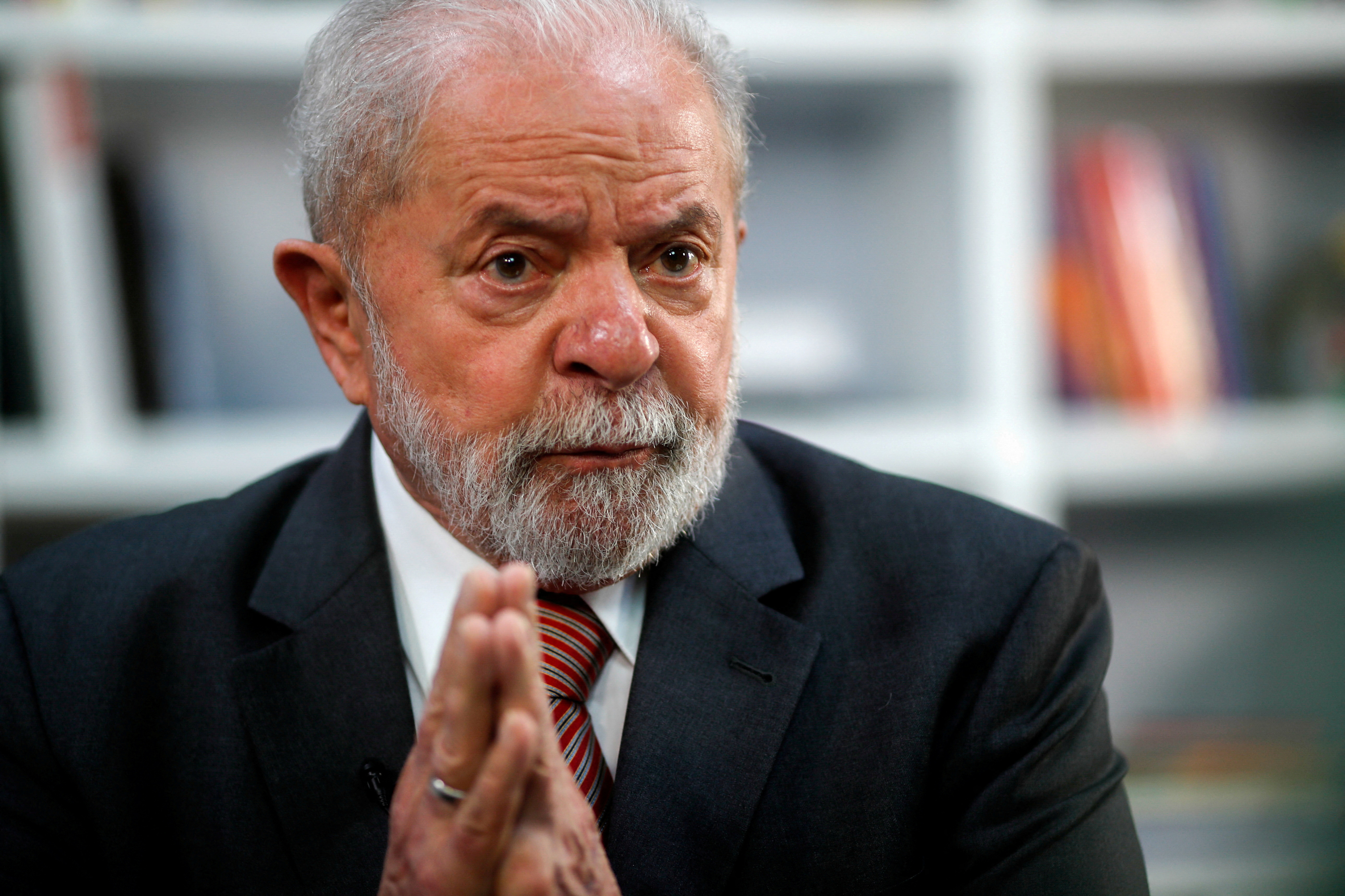 Former Brazilian President Luiz Inacio Lula da Silva gestures during an interview with Reuters in Sao Paulo