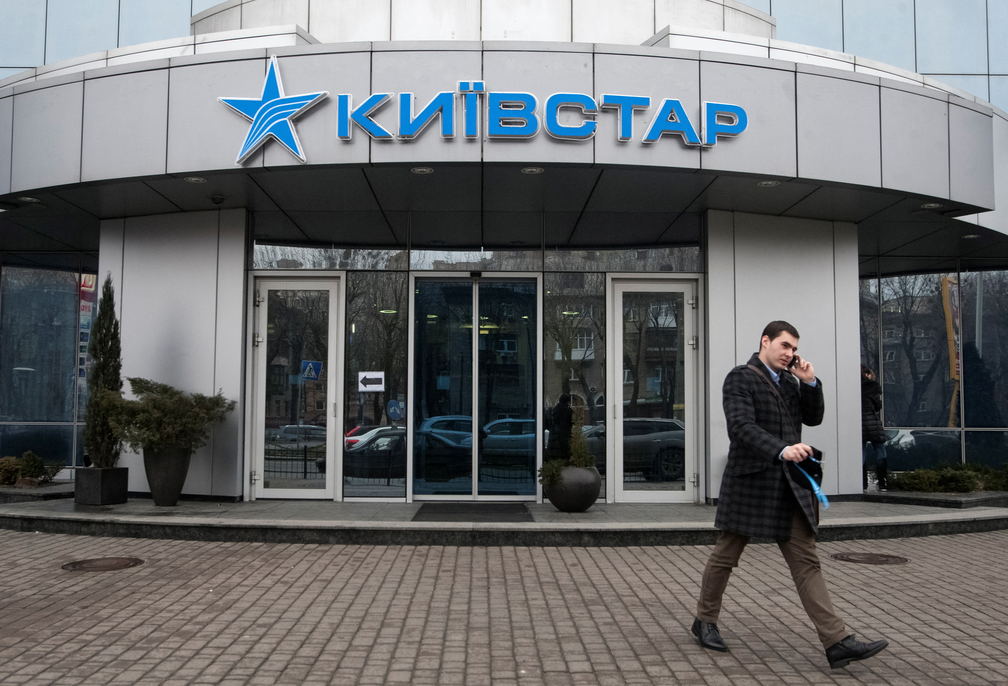 A man walks out of an office of Kyivstar in Kiev