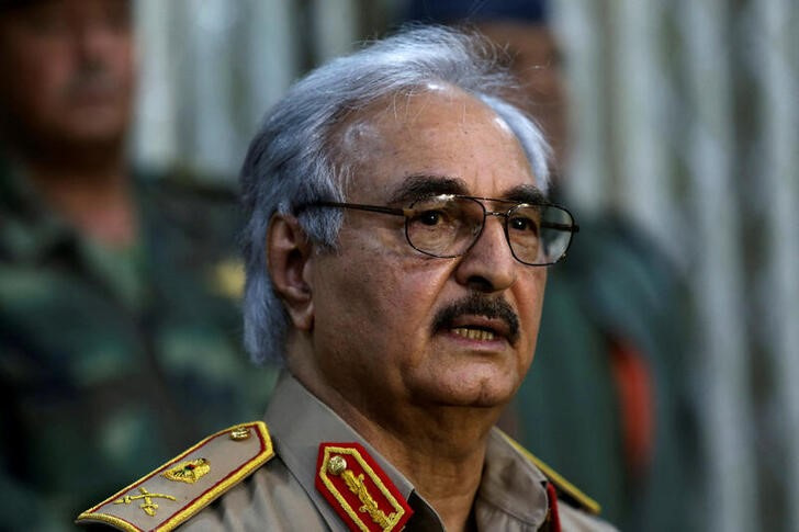 General Khalifa Haftar speaks during a news conference at a sports club in Abyar, a small town to the east of Benghazi,
