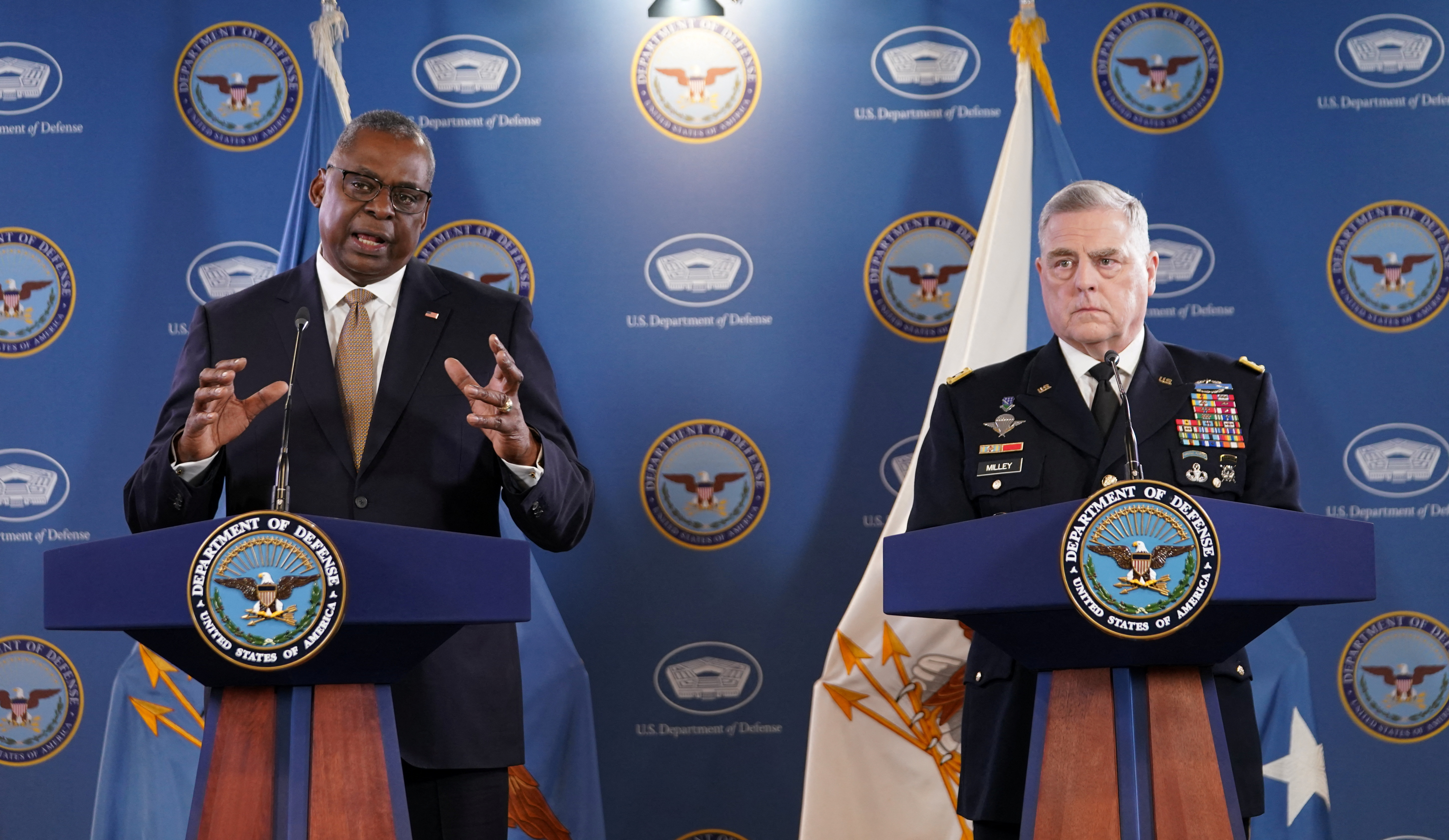 Chairman of the Joint Chiefs of Staff Milley and Defense Secretary Austin hold a press conference at the Pentagon, in Washington
