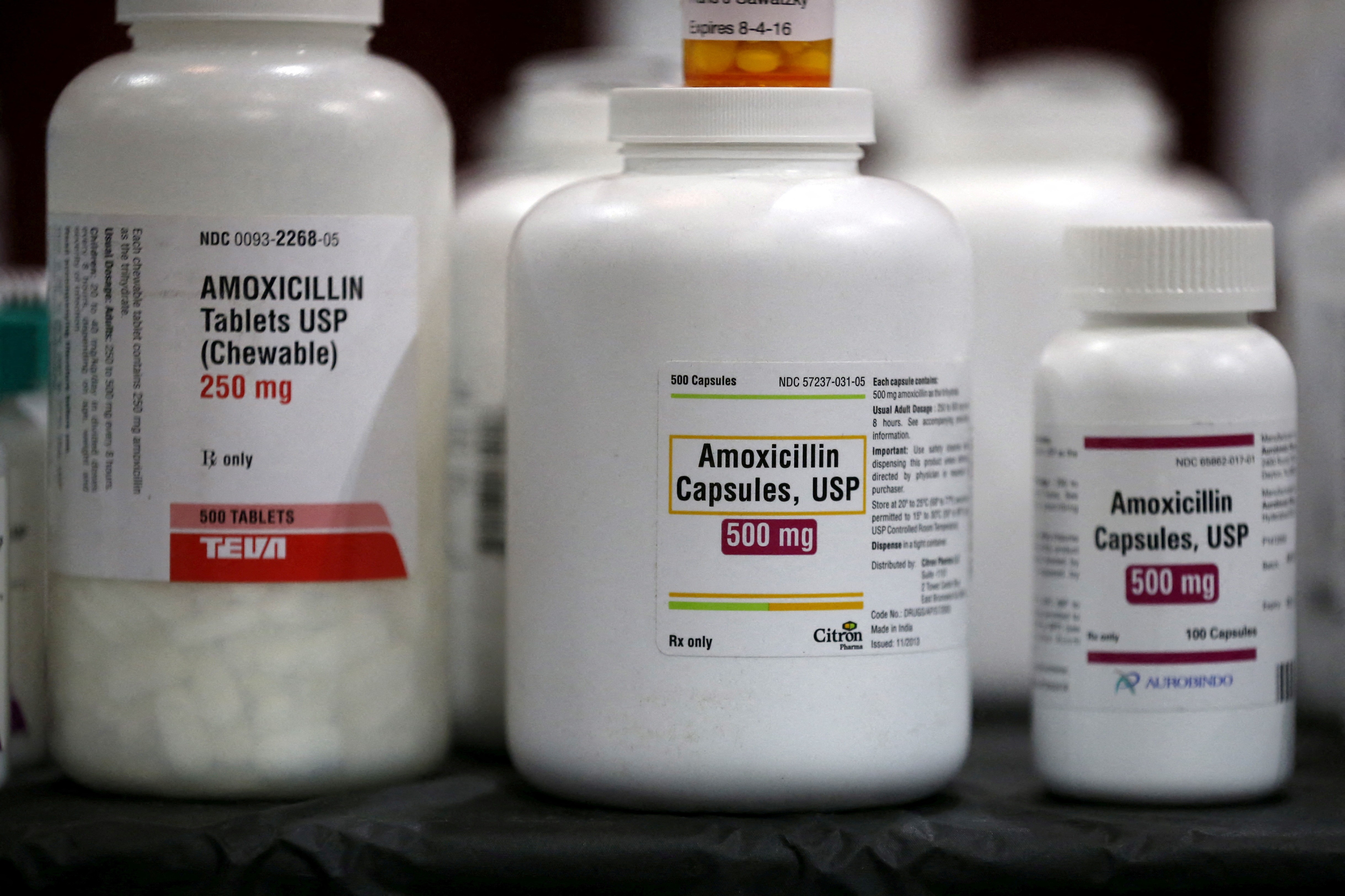 Amoxicillin penicillin antibiotics are seen in the pharmacy at a medical and dental health clinic in Los Angeles