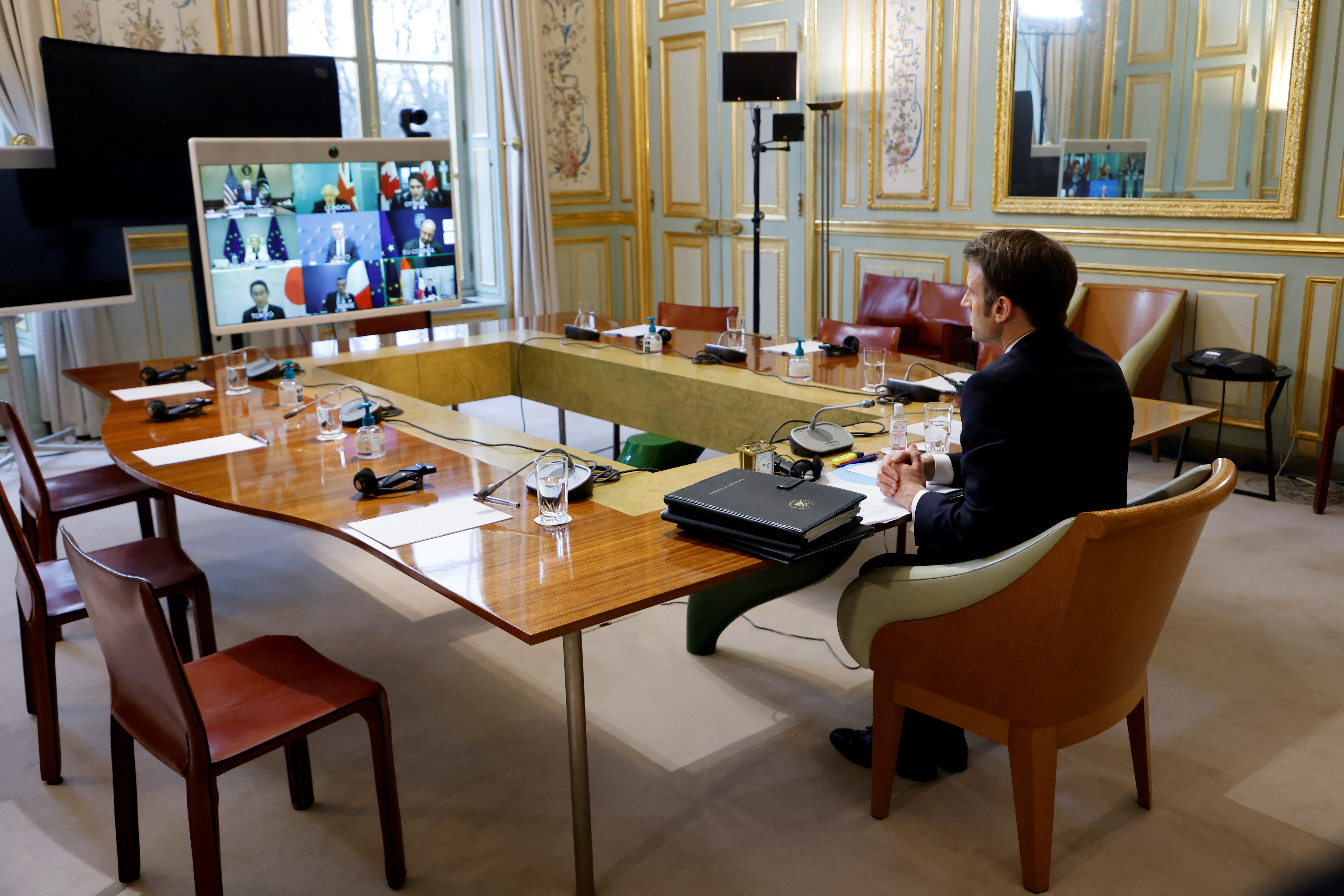 French President Macron attends a virtual G7 leaders' meeting on Ukraine conflict